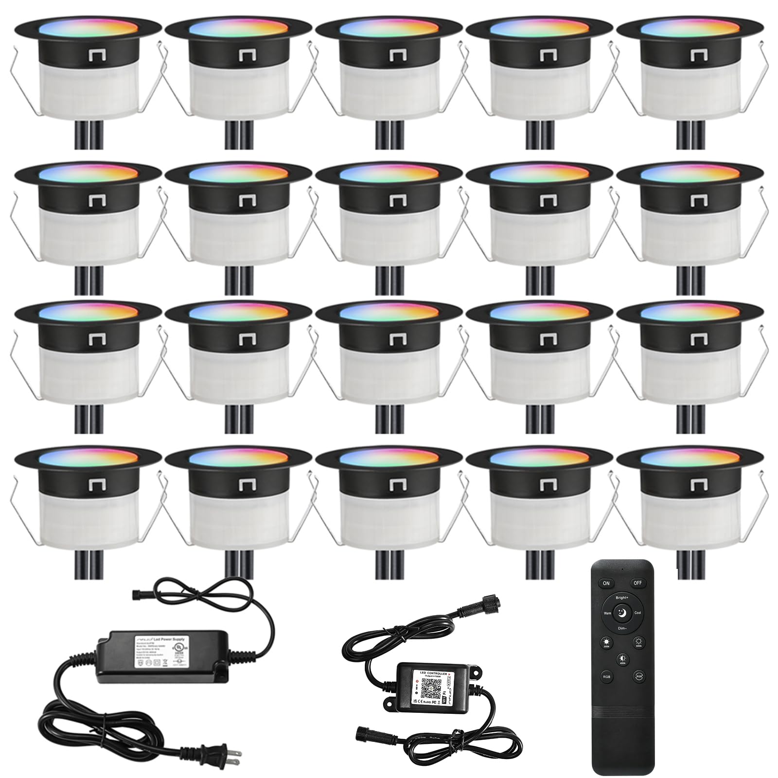 FVTLED LED Deck Lights Kit, 20pcs D31B, RGBW Waterproof Low Voltage Recessed Lighting, Stainless Steel, WiFi Control