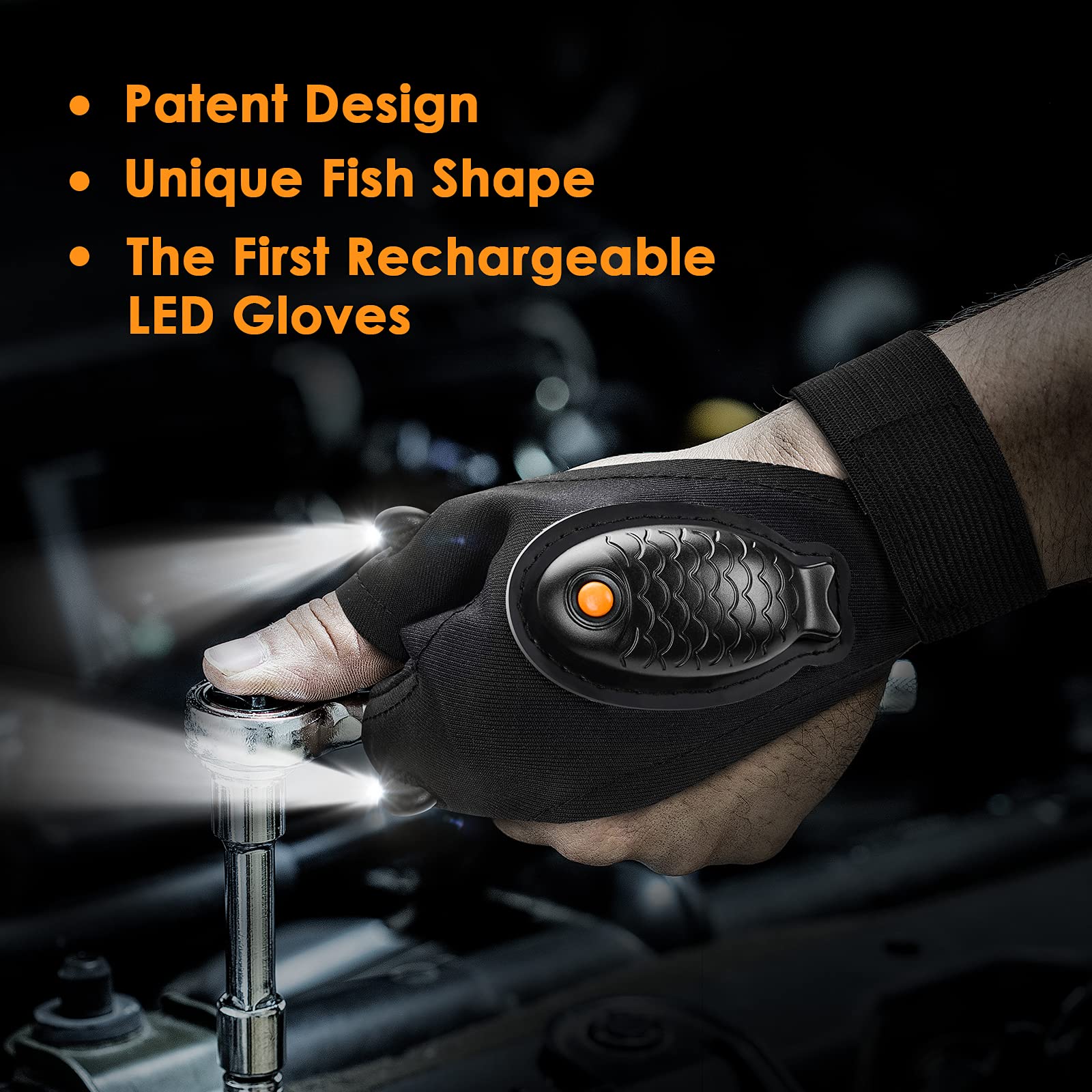 PARIGO LED Flashlight Gloves, Rechargeable Waterproof, Black Fish Design, Model DCH-VN02, Perfect for Fishing, Camping, Car Repair