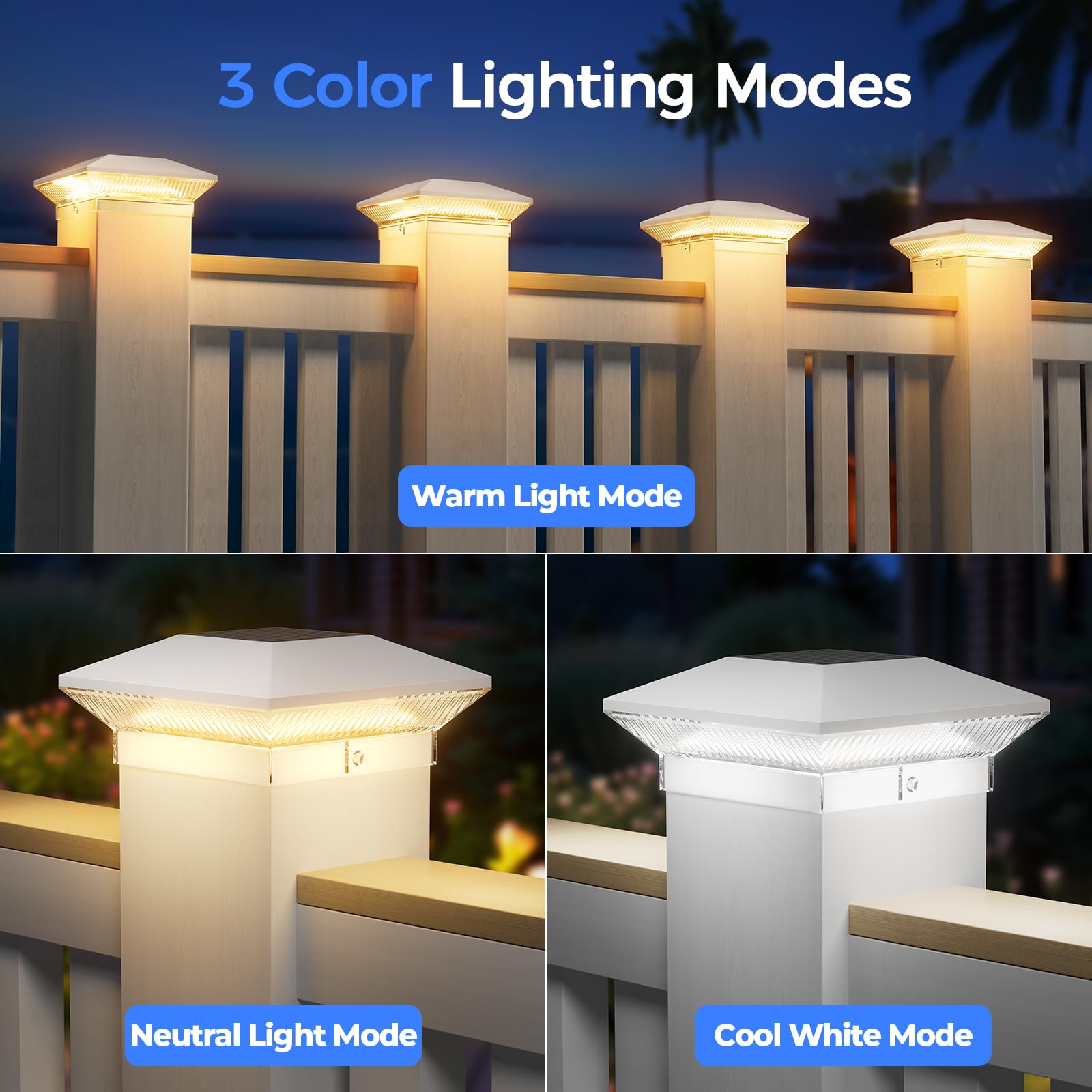 LETMY Solar Post Cap Lights 6 Pack, 40 LEDs, 3 Modes, Waterproof, White, Fits 4x4 & 3.5x3.5 Vinyl/Wooden