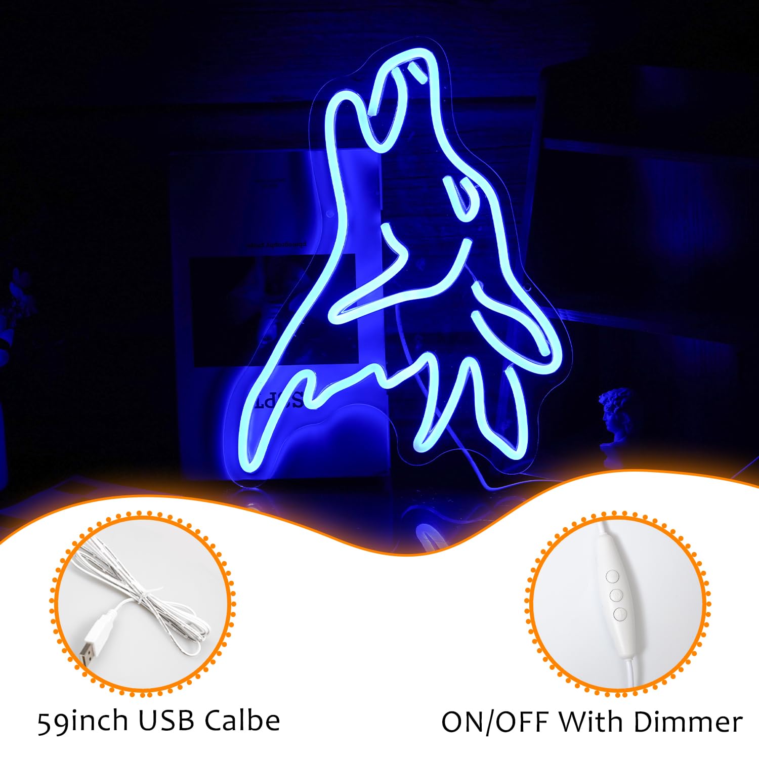 LISIGNVE Blue Wolf Neon Sign - Dimmable LED Wall Decor for Kids Room, USB Powered, Cute Birthday Party Gift