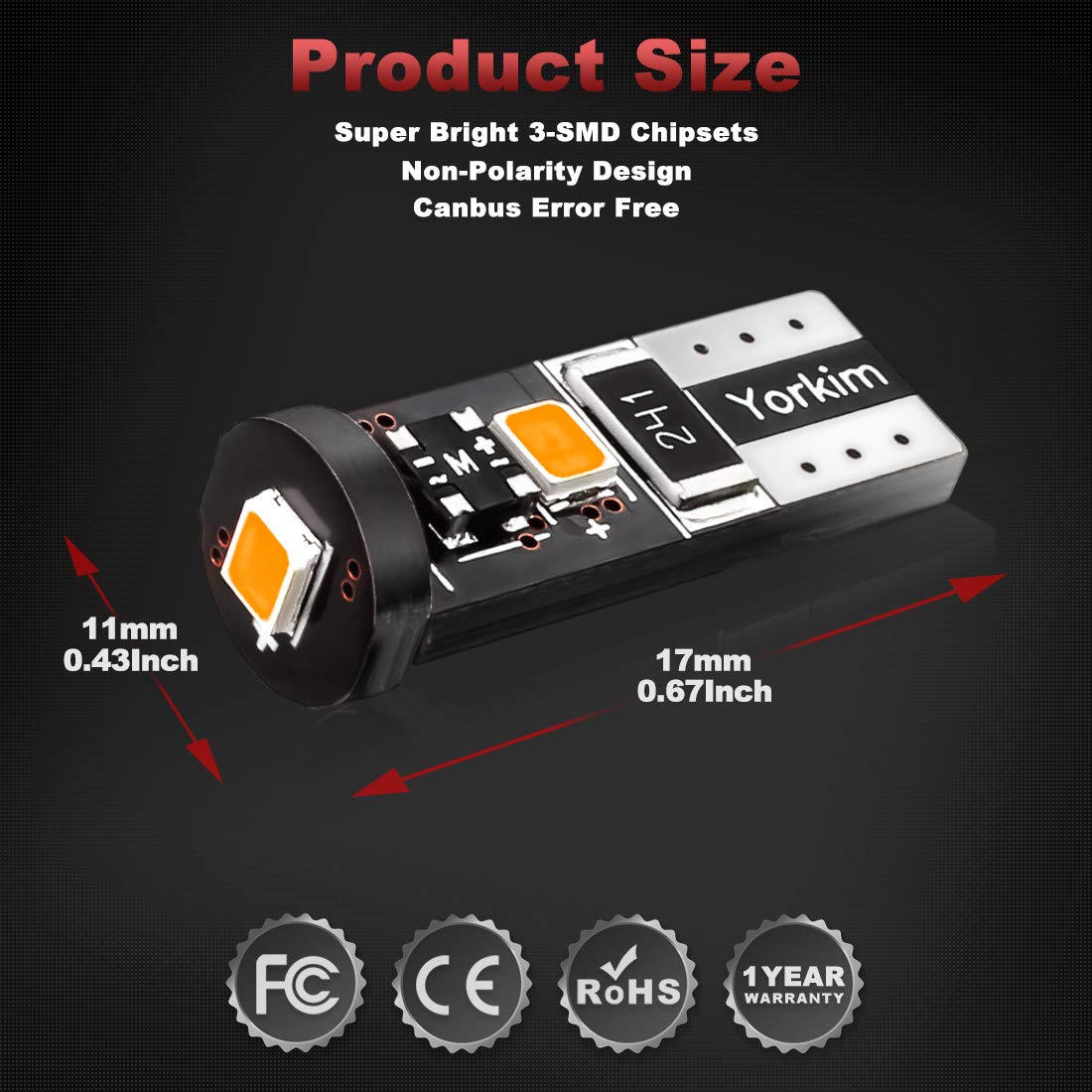 Yorkim T10 194 LED Bulb Amber Canbus Error Free 3-SMD 2835 Chipsets Pack of 10