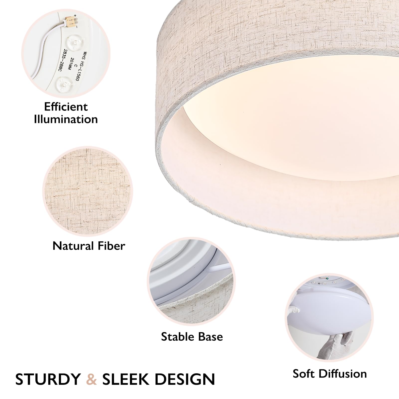 CALOKES 13" Fabric Flush Mount Ceiling Light, 24W LED, 3000K, Beige, Classic Linen Design for Bedroom, Kitchen, Dining Room, Hallway
