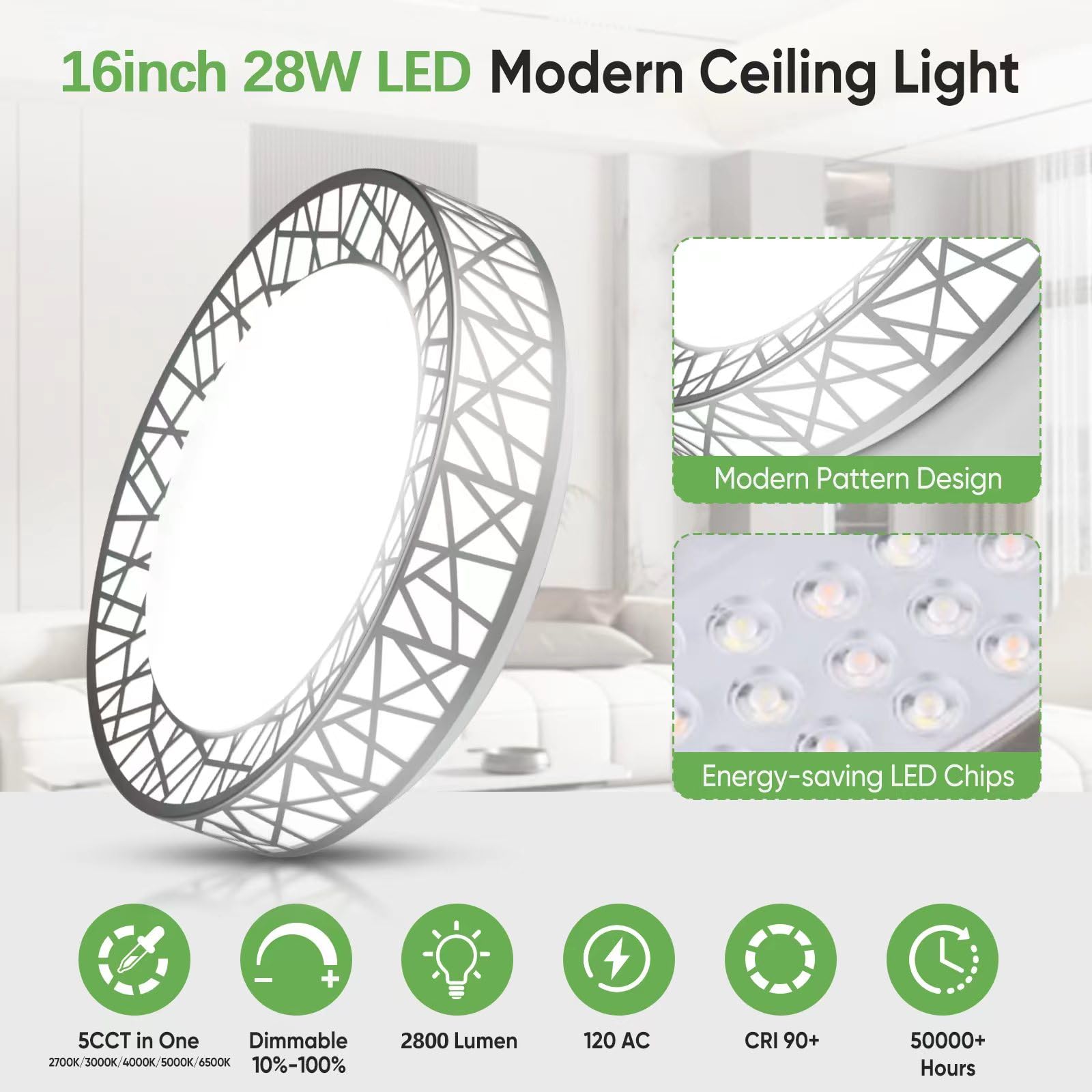 Lightania 16" Brushed Nickel LED Flush Mount Ceiling Light, Dimmable, 28W 2800LM, Adjustable 2700-6500K, Model LXD02-L16