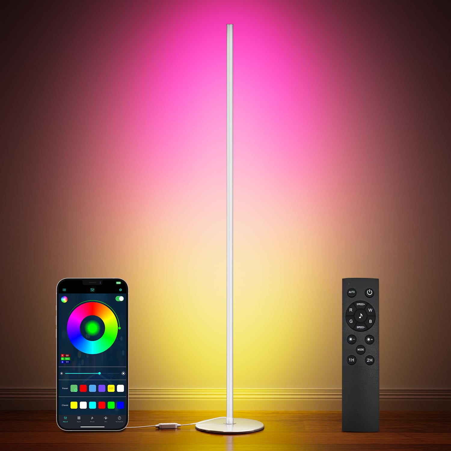 luckystyle Smart RGB Floor Lamp - 56.5" Tall LED, White, Aluminum, APP & Remote Control, Color Changing, Music Mode for Living Room & Bedroom