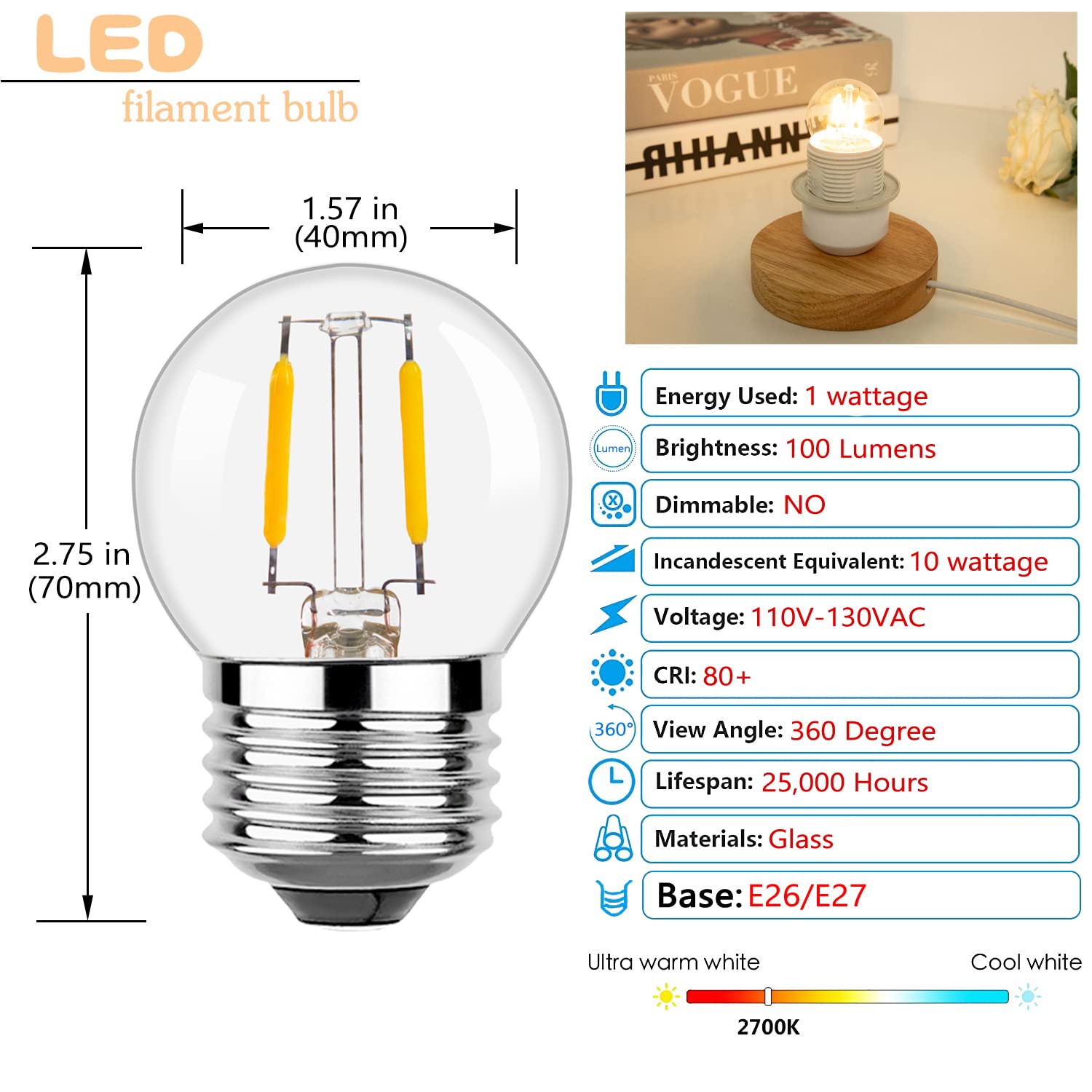 G40 E26 1W Low Wattage Led Vintage Bulbs Small Globe Nightlight 10 Watt Edison Style Bulb, 2700K Warm White Non Dimmable 6Pack