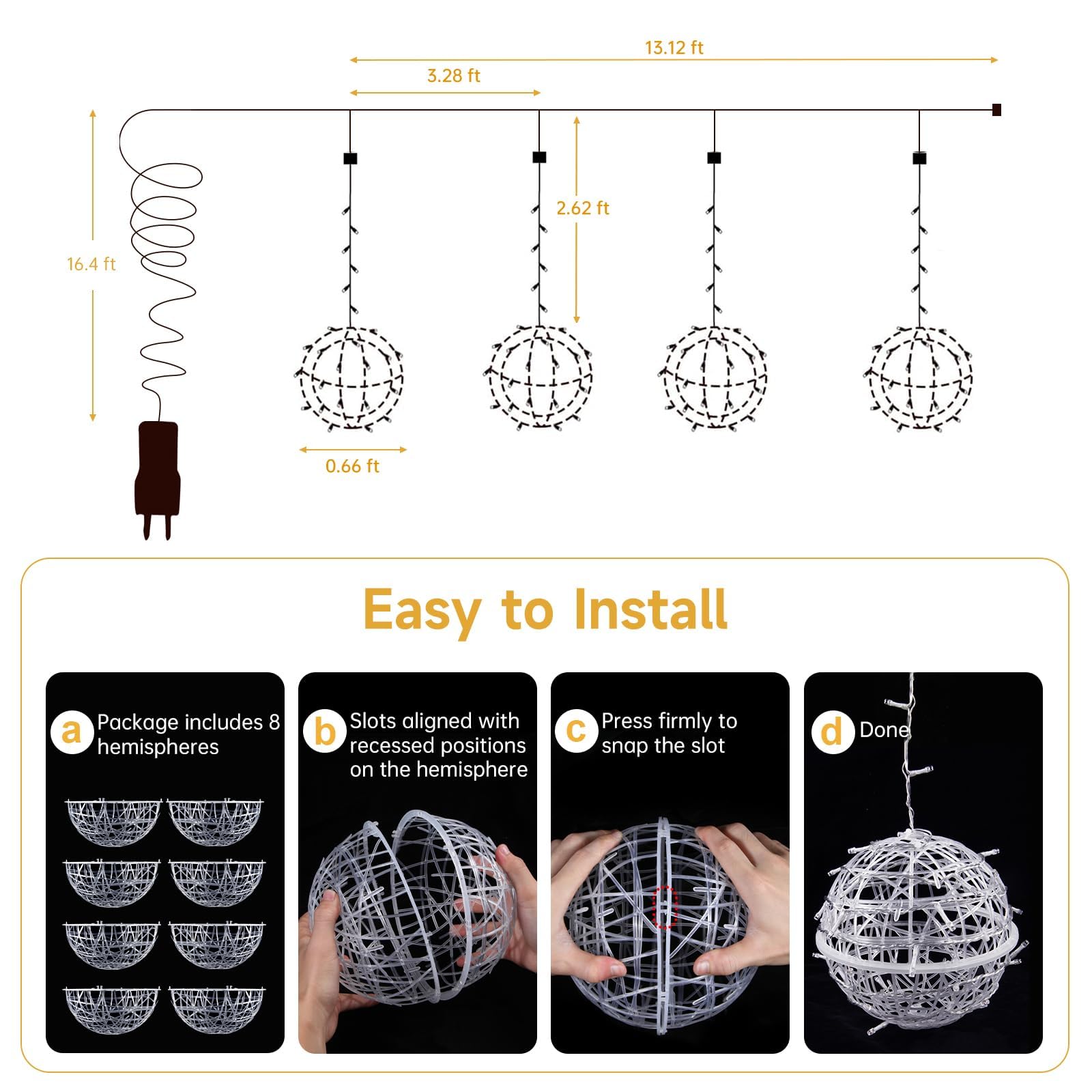 Baung Christmas String Lights Outdoors,4 Pack 7.98&quot; Sphere Lights,Ball Tree Garden Globe Lights For Home, Party, Christmas, Porch Patio,Wedding, Garden,Tree Decoration With Plug