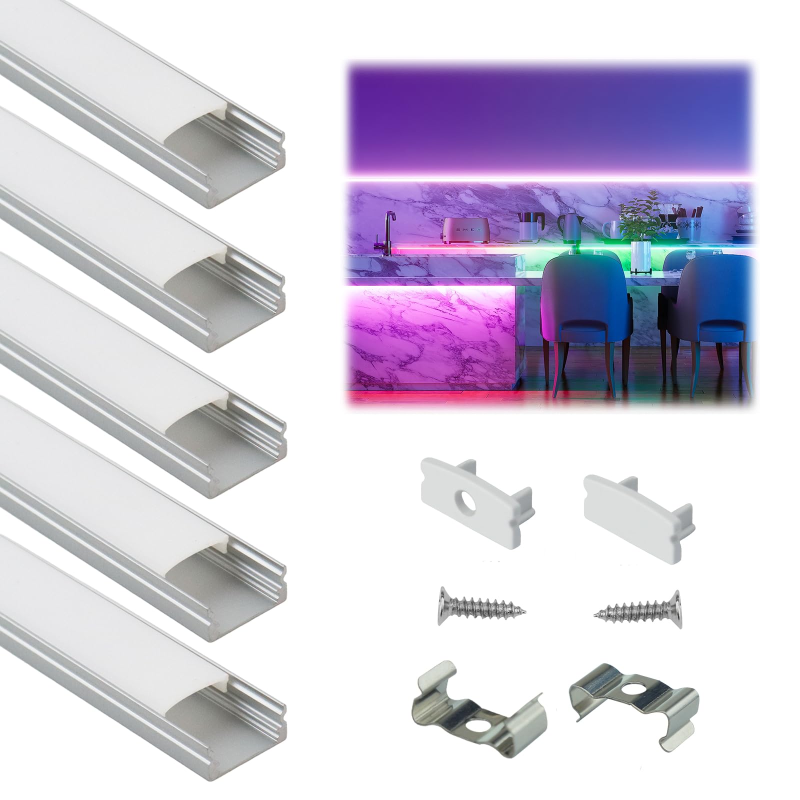 Muzata LED Channel Aluminum U Shape Diffuser 3.3FT/1M 5-Pack Silver Model U1SW