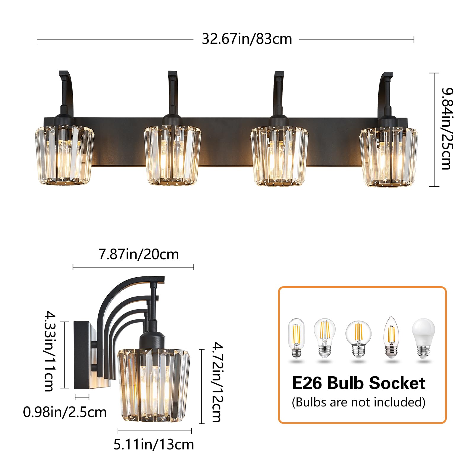 Fdpby Modern Bathroom Vanity Light  4-Light Black Wall Sconce With Crystal Accents  Over Mirror Bathroom Lighting Fixture  32.67 Long Dimmable Vanity Lamp For Makeup  Easy Installation