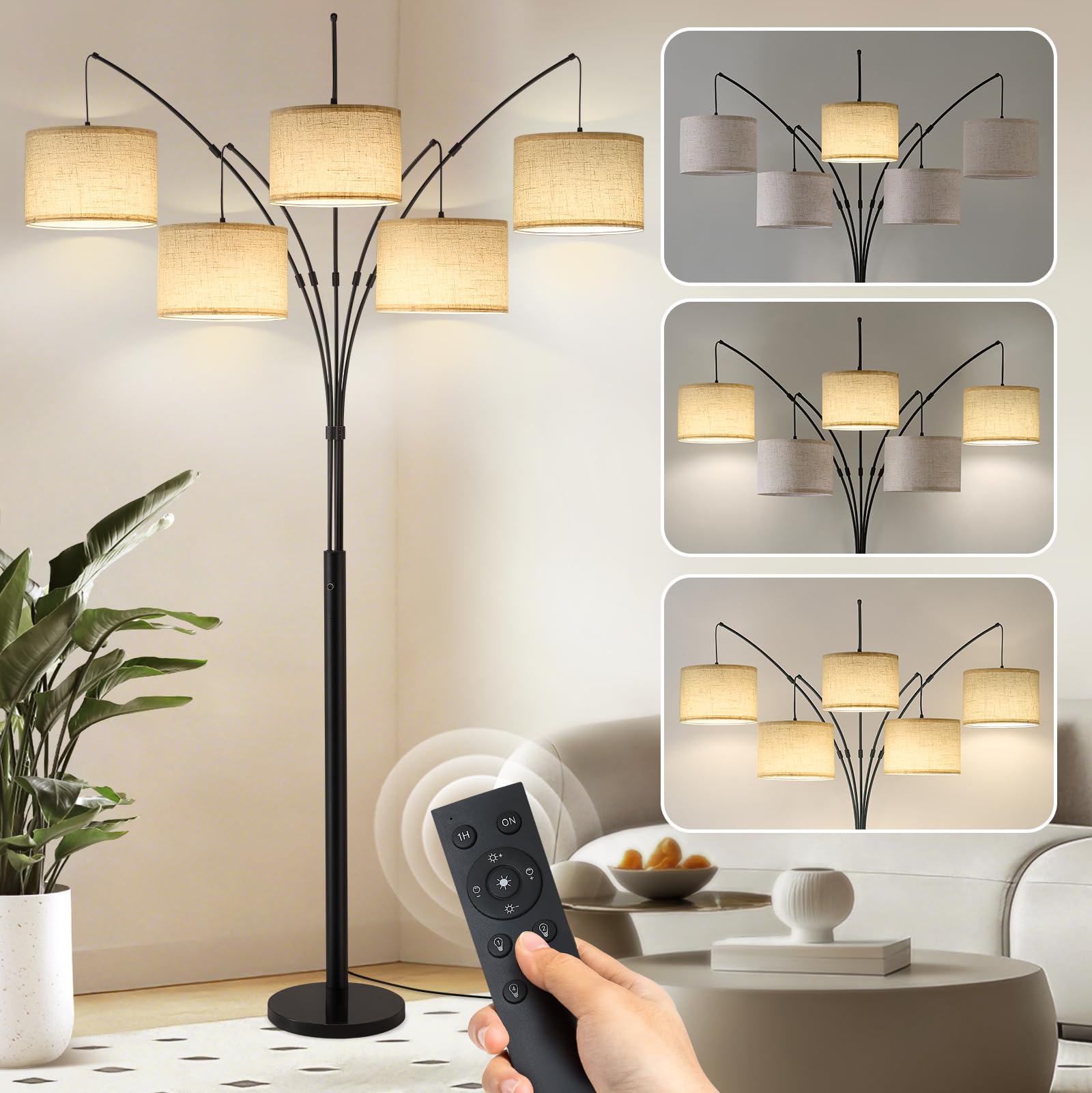 Fansdrick Floor Lamps for Living Room, 4000LM Super Bright Arc Floor Lamp with Remote Control, 5 Light Tall Floor Lamps with Ste