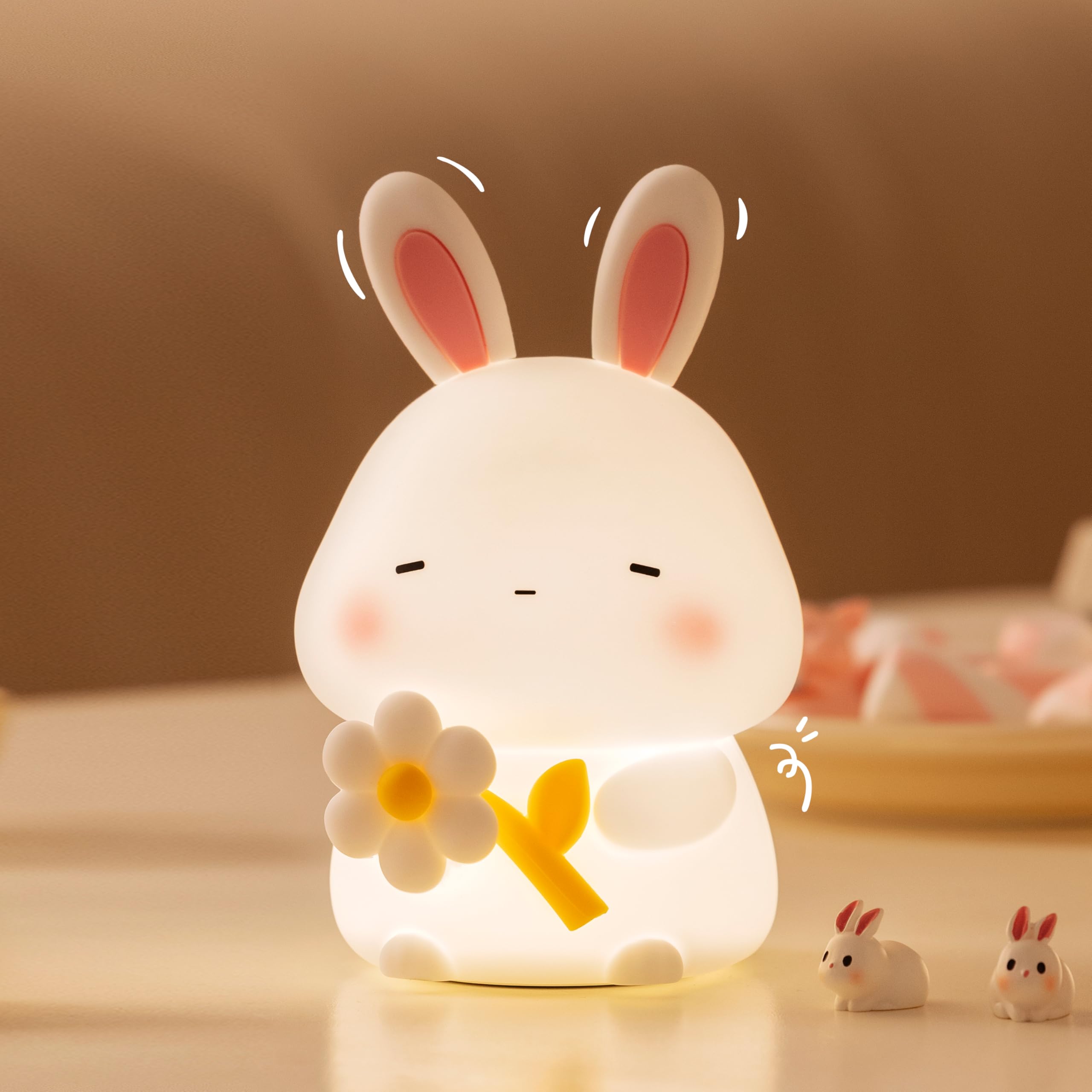 Myratts Led Cute Bunny Night Light, Dimmable Nursery Kawaii Lamps, Super Squishy Silicone USB Rechargeable Touch Control Night L