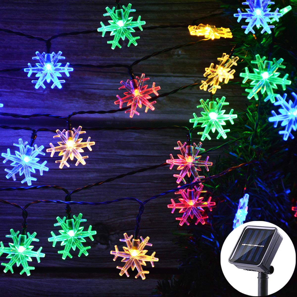 Viewpick Solar Christmas Snowflake String Lights, 50 LED Multicolor Christmas Fairy Lights Waterproof Solar Christmas Lights Out