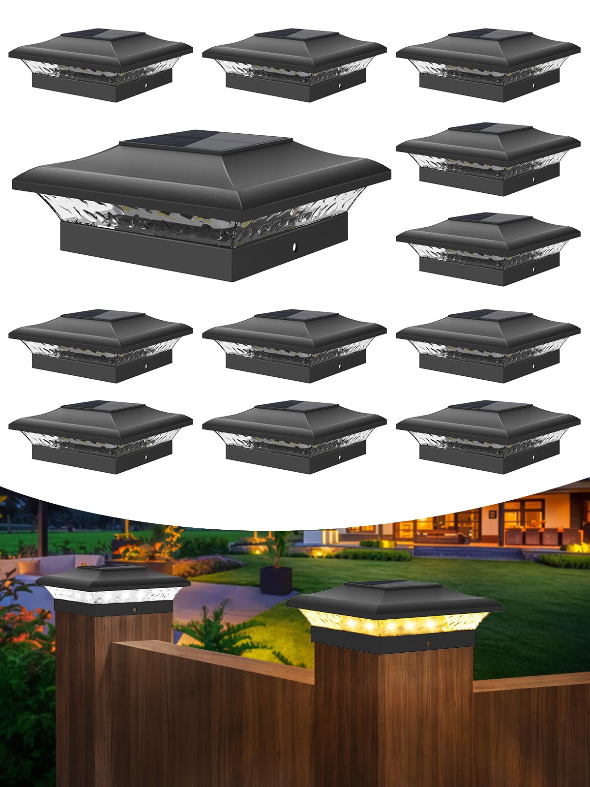 T-Sun 4X4 Fence Post Solar Lights Outdoor Waterproof - Auto Dusk To Dawn Solar Lighting For Deck  Vinyl/Wooden Posts | 12 Pack Weatherproof Warm & Cool White Patio Lights (Black)