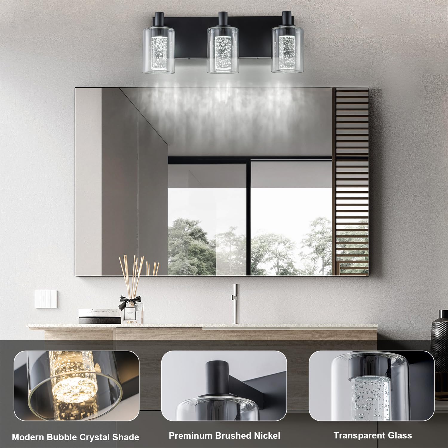 SineRise 4-Light Vanity Light - Dimmable LED Bathroom Fixture, 3 Color Modes, Black, Modern Design with Clear Glass Shade