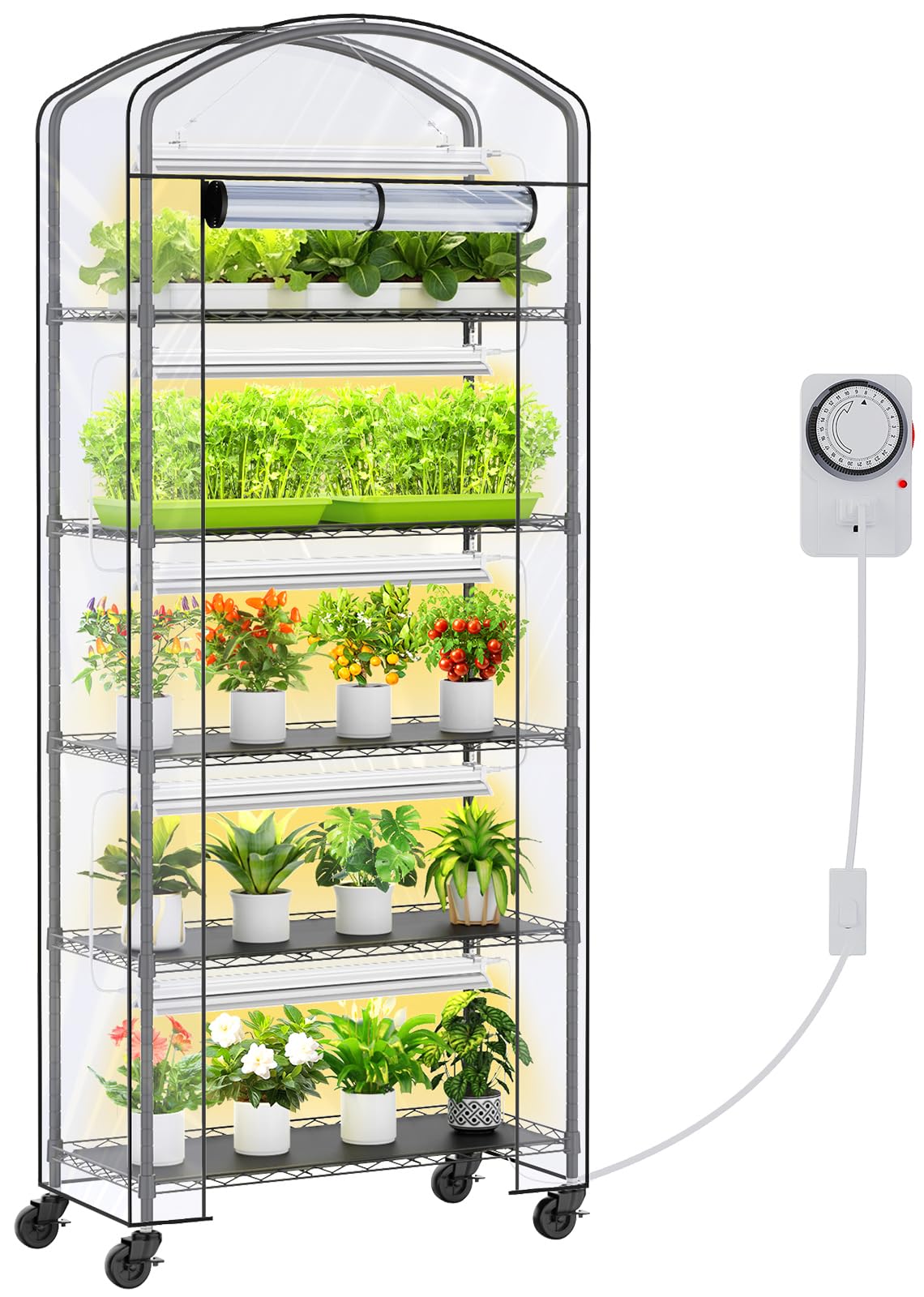 CUVERC Small Indoor Greenhouse with Grow Light & PVC Cover Portable Mini Greenhouse Tent Shelves Adjustable 5 Tier Metal Plant S