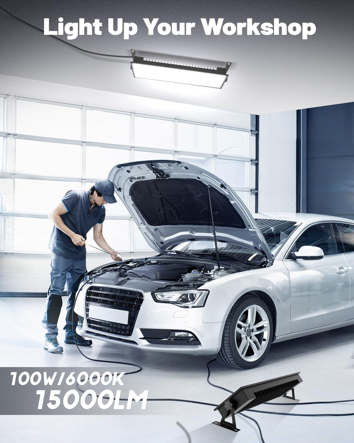 Agrantop Plug In Shop Light - 100W 15000Lm Ultra Bright Aluminum Led Garage Light W/ 9.84 Ft Power Cord, Ip66 Waterproof Shop Lights For Garage, Workshop, Warehouse (1 Pack)