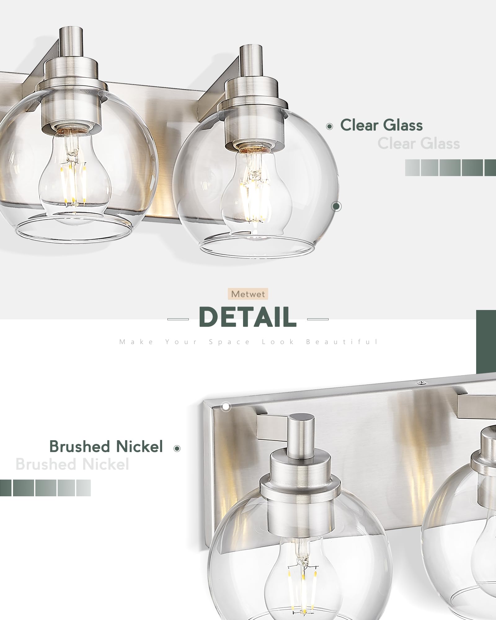 Metwet Bathroom Light Fixtures, 6 Light Brushed Nickel Vanity Light, 38 Inch Modern Wall Sconces With Globe Clear Glass Shade, V