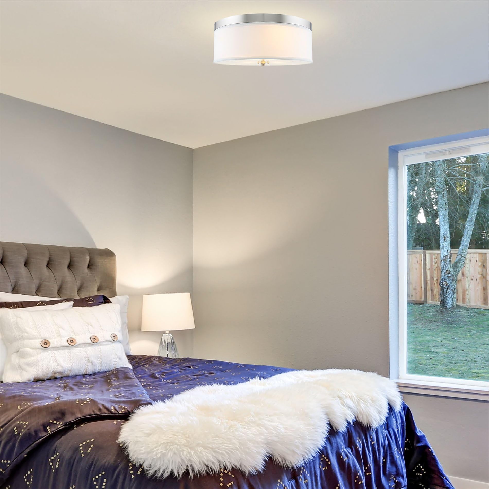 Kira Home Walker 20'' Large Mid-Century Modern 3-Light Flush Mount Ceiling Light, White Fabric Shade + Round Glass Diffuser, Bru