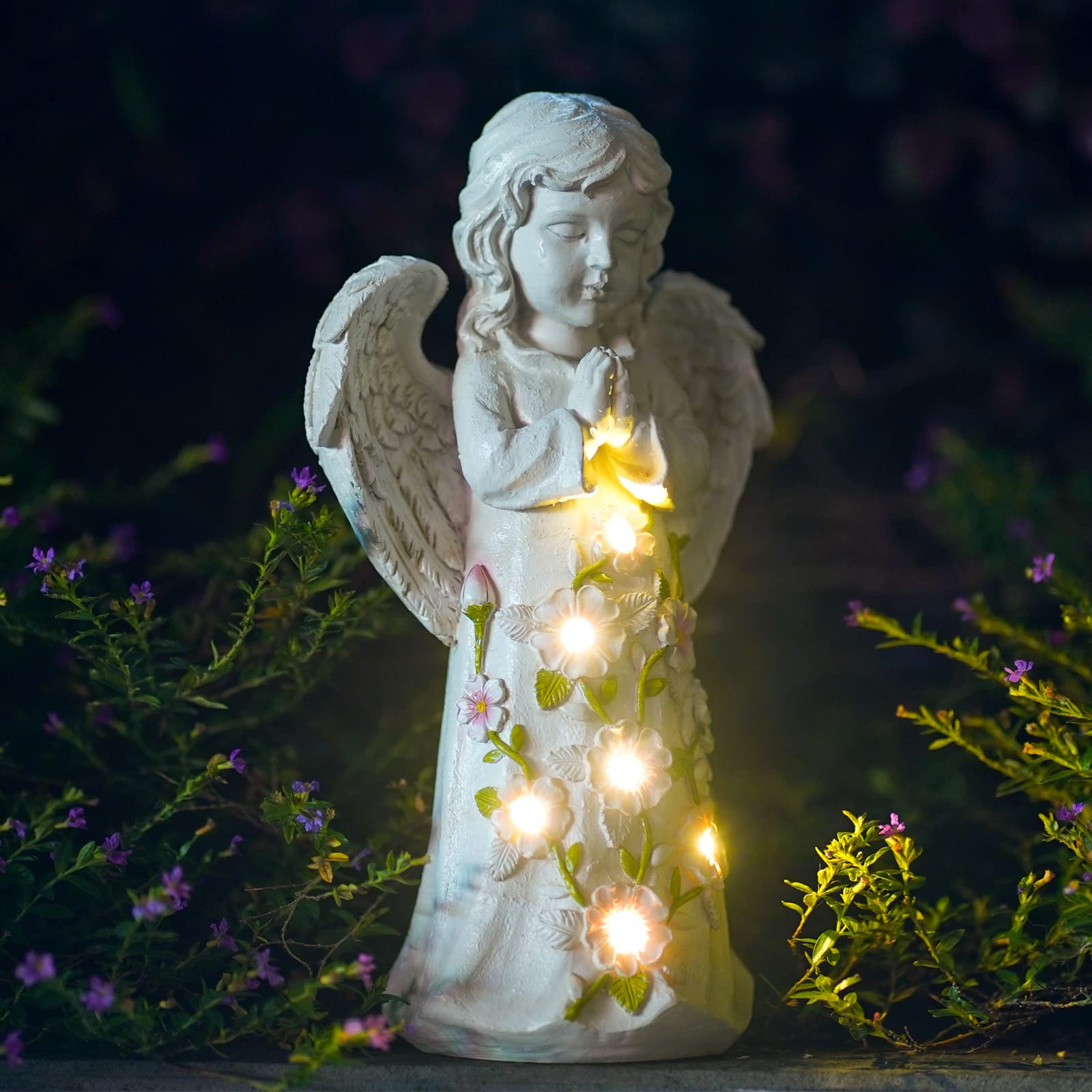 Nacome Garden Outdoor Statues Angel with Succulent and 7 LED Lights - Lawn Decor for Patio, Balcony, Yard Ornament - Unique Hous
