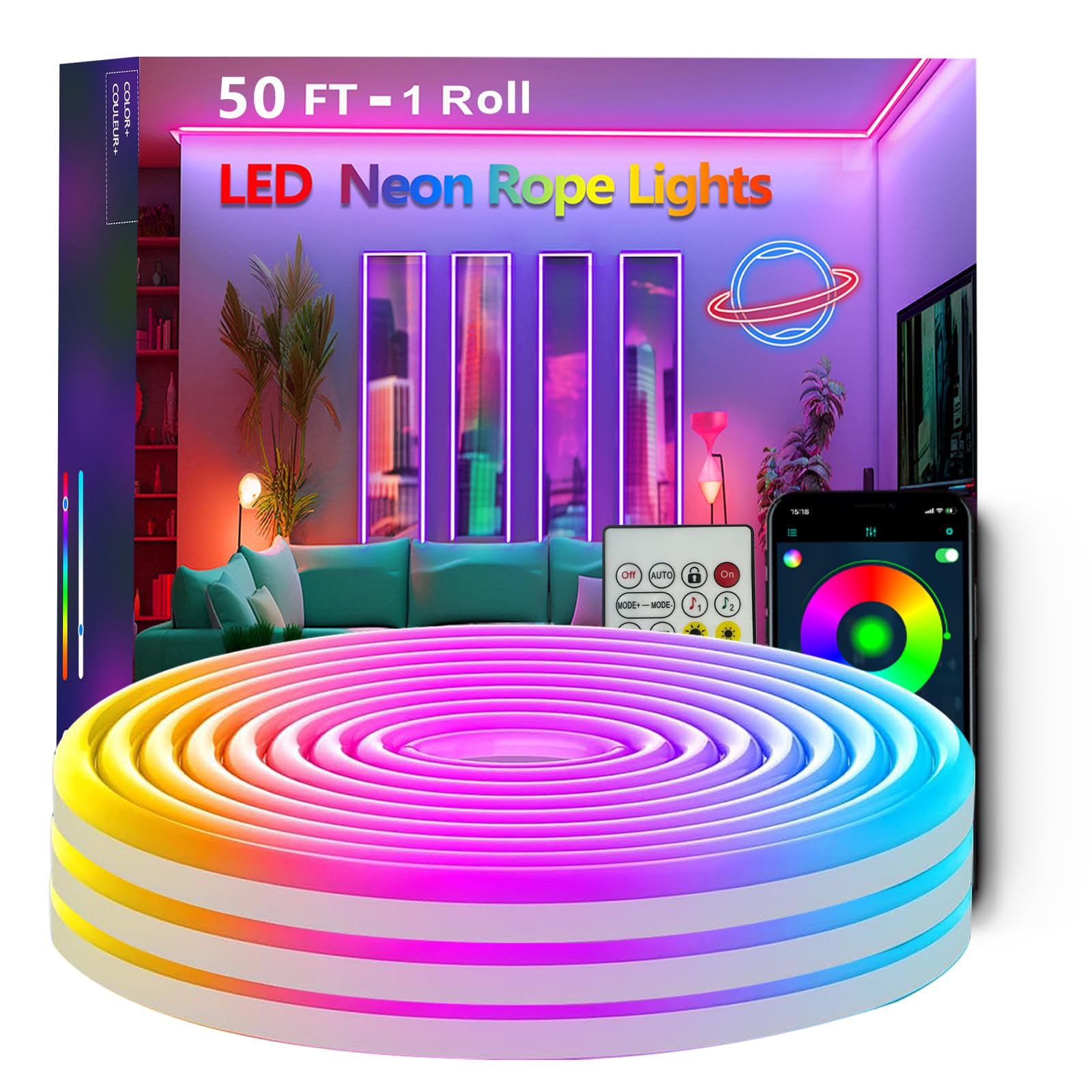 Bvokon RGB Neon Rope Lights, 50FT Waterproof LED Strip, App/Remote Control, Music Sync, Flexible Outdoor Lighting