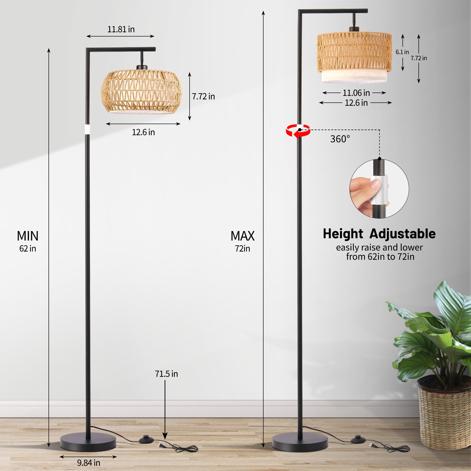 MHYFYH Boho Rattan Floor Lamp, Adjustable Height Bohemian Floor Lamps, Dimmable Standing Lamp with Remote Control, Rustic Lighti