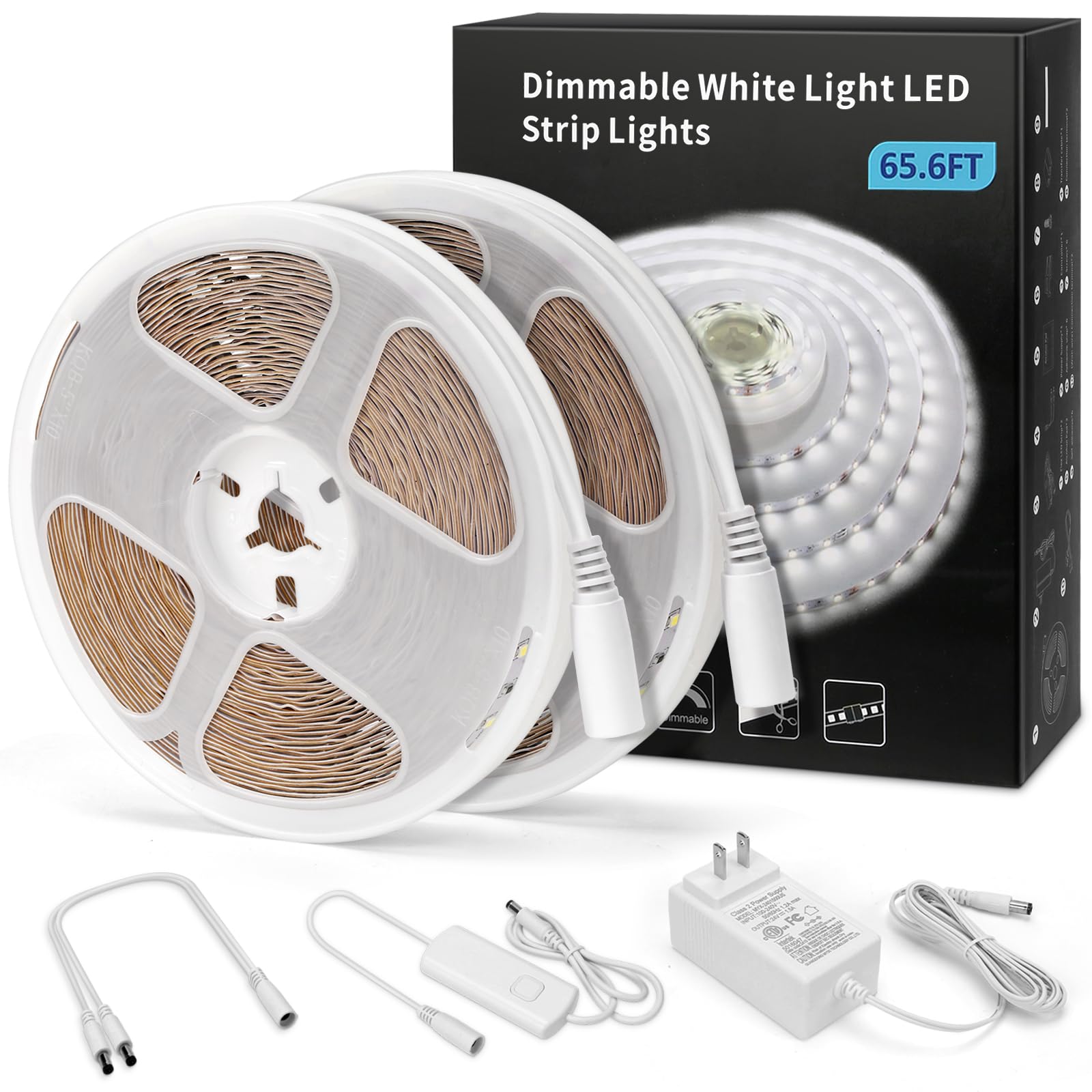 Myplus 65.6Ft White Strip Lights  Dimmable Led Tape Light 6500K Bright Daylight White  Flexible Under Cabinet Lights With 1200 Leds And Ul Listed Safety Power Supply For Room Kitchen And D?Cor