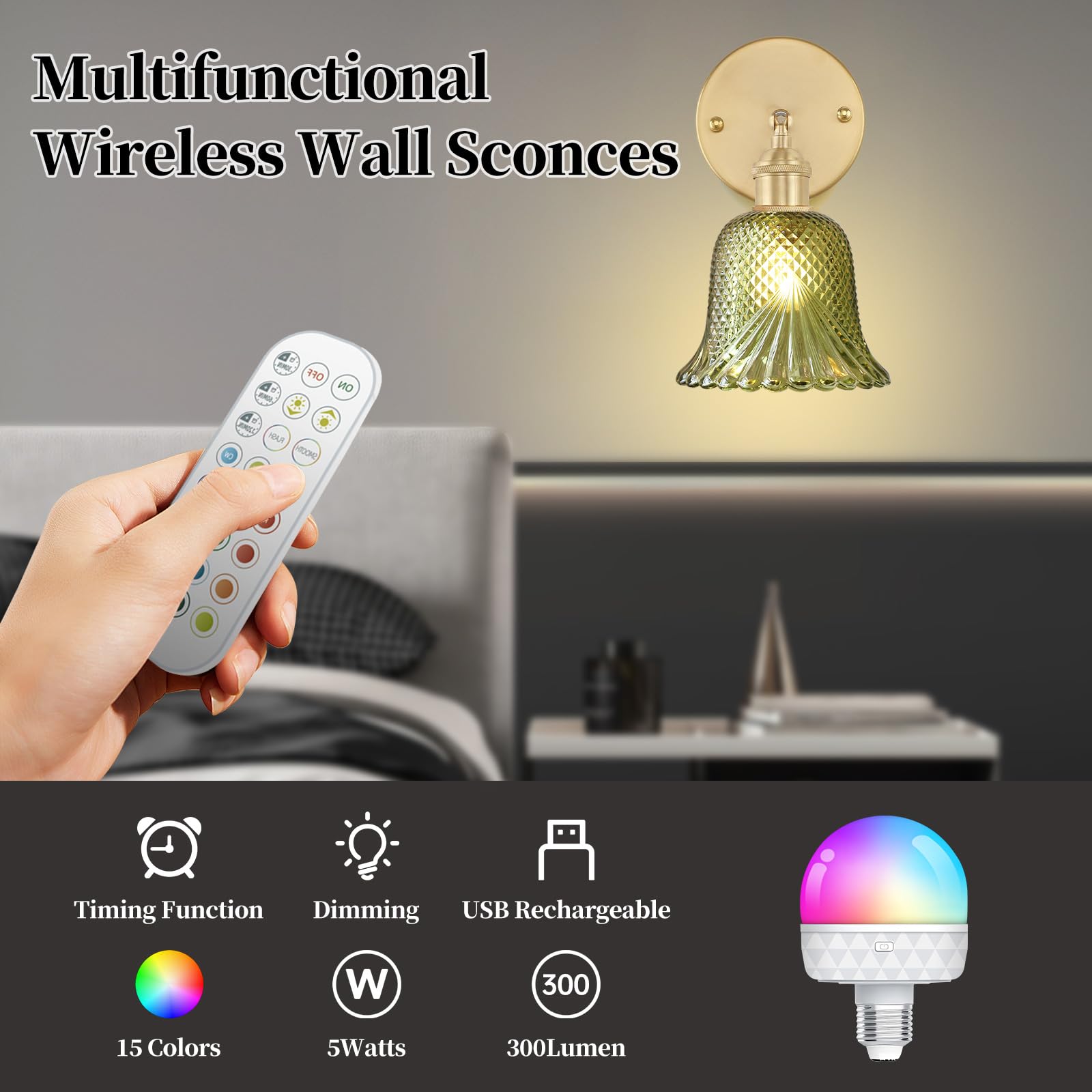 GEEZO Vintage Battery Operated Wall Sconce, Rechargeable Light with Remote, Ripple Green, Polyester, Model GEEZO-Y-12, 1 Pack