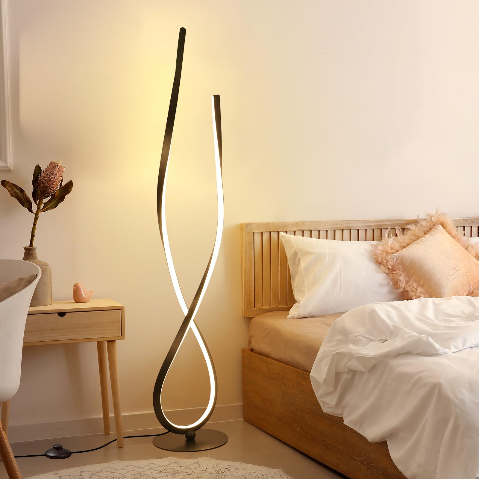 Nuür Spiral Floor Lamp, 59&quot; Tall Black Led Modern Standing Floor Lamp With Remote Control, Arched Bright Floor Lamps For Living Room Bedroom Office Home (Spiral Floor Lamp)
