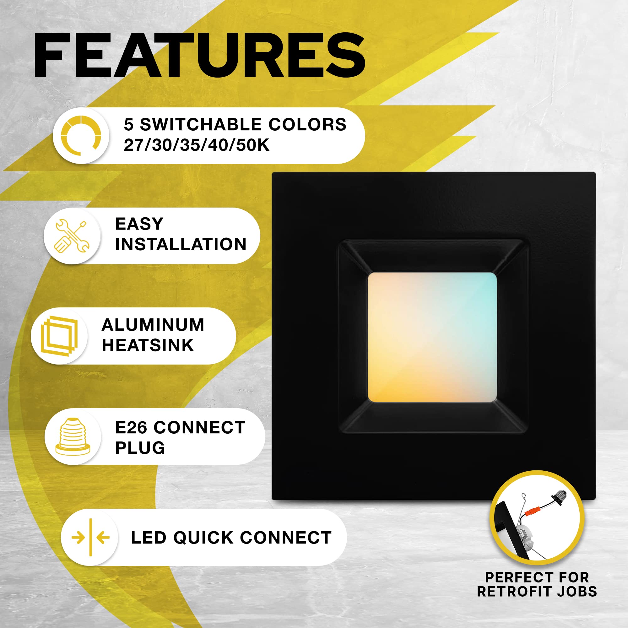 Nuwatt 12 Pack, Black 6 Inch Square Retrofit Recessed Lighting, Cct 2700K/3000K/3500K/4000K/5000K Selectable, 1100 Lumen 14W, Dimmable, 6In Black Square Led Can Lights, 6" Square Light, Etl, Wet Rated