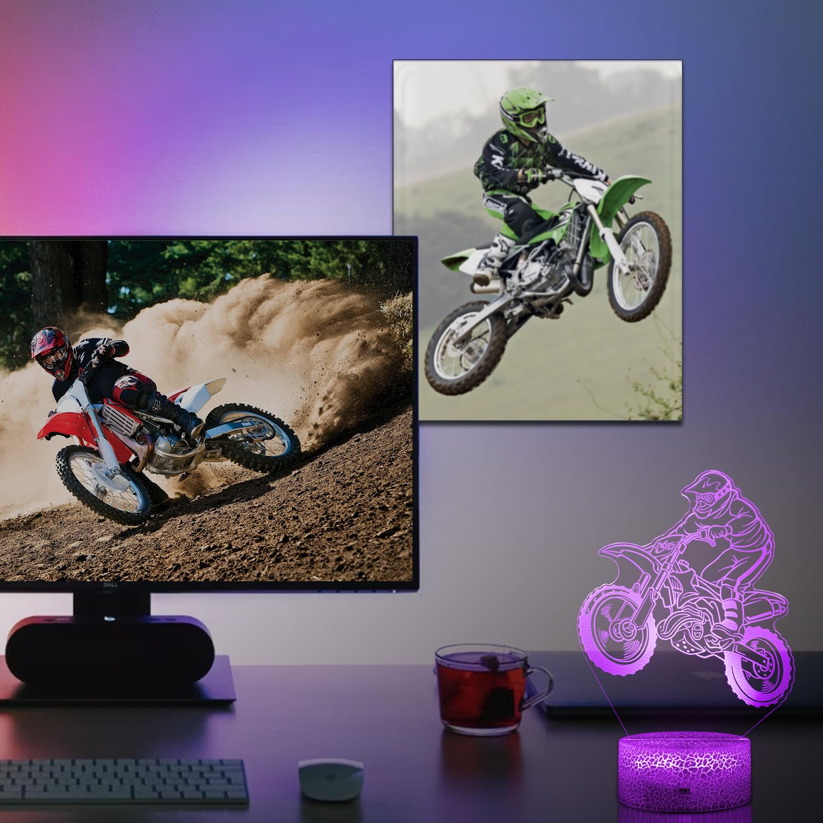 DAHEYMA Dirt Bike Night Light, 16 Colors LED, Touch & Remote Control, Dimmable, Model DHMDIRTB, Multicolor