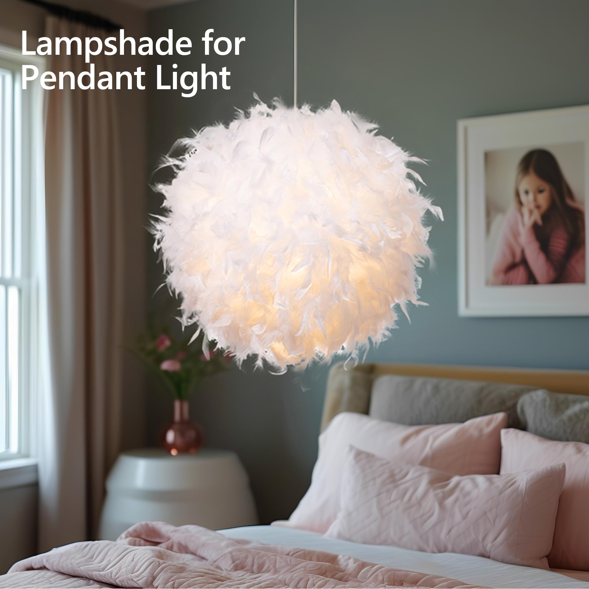 Waneway 19.7 inches Feather Lamp Shade for Ceiling Pendant Light, Lampshade for Table Lamp and Floor Lamp for Living Room, Bedro