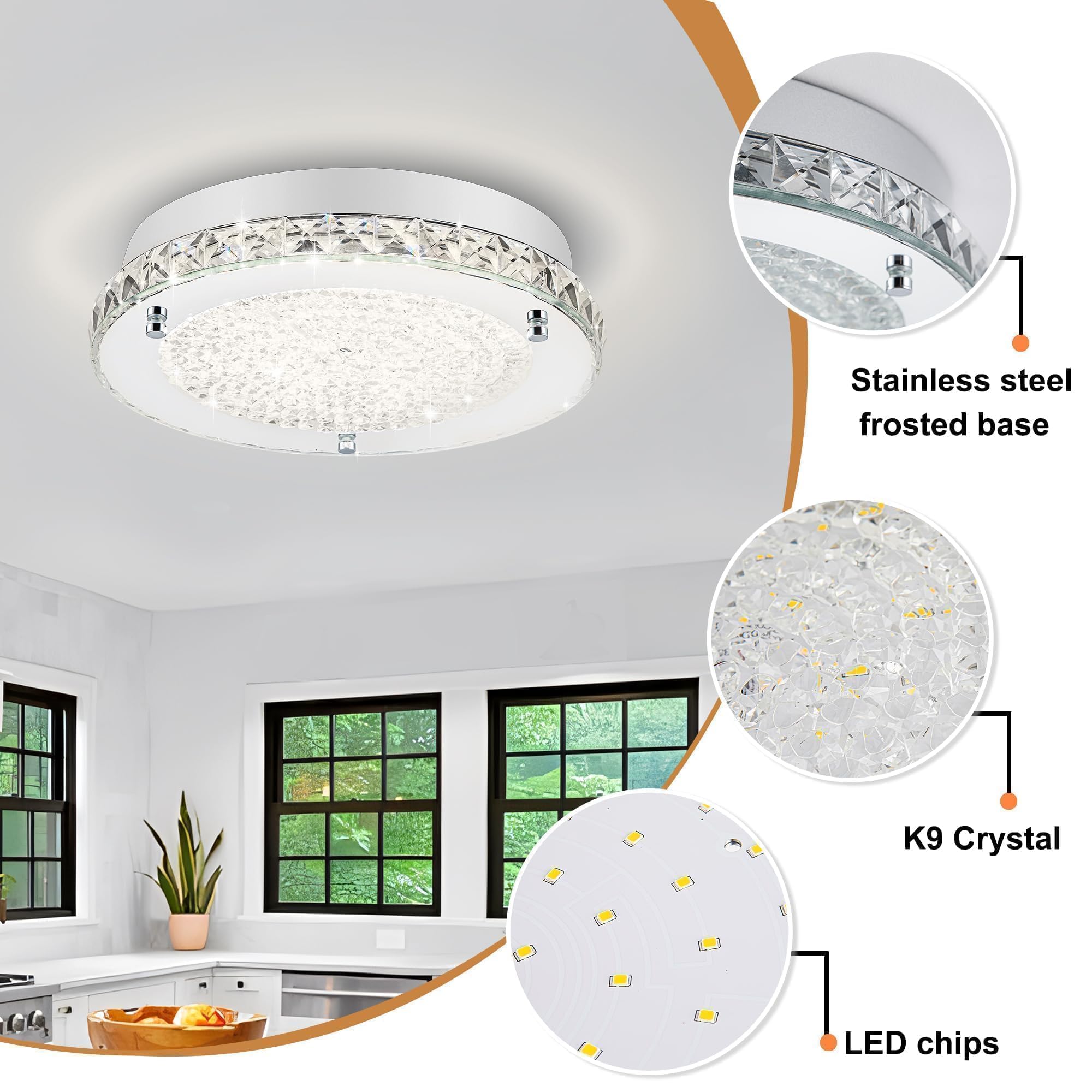 Lzawvm Crystal Ceiling Light Fixture, 4000K Led Dimmable, 11&quot; Flush Mount For Bathroom & Hallway