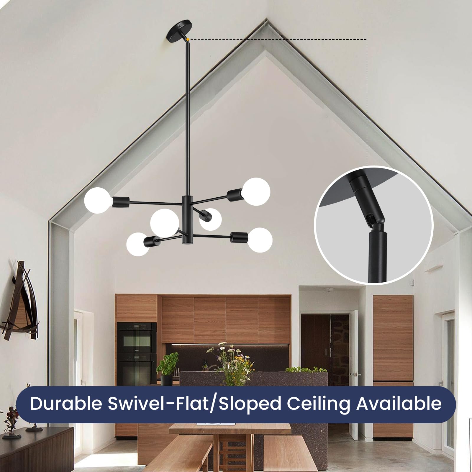 RUIYEY Modern Sputnik Chandelier, 6-Light Black Ceiling Fixture for Dining Room, Adjustable Height Farmhouse Lighting