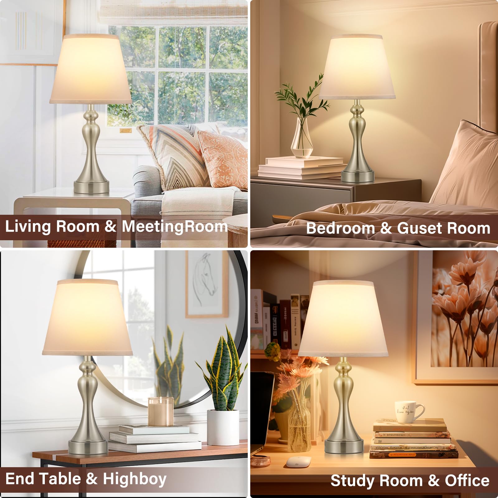 Seealle Touch Lamps For Night Stands - Bedside Lamps Set Of 2, 3 Way Dimmable, Usb C+A For Bedroom & End Tables (White&Nickel)