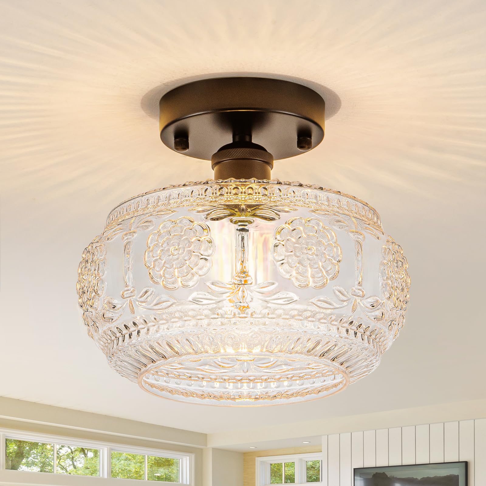 Tbaoinla Semi Flush Mount Ceiling Light Fixture - Black Metal Base & Floral Glass Shade  Modern Vintage Lighting For Entryway  Bathroom  Kitchen  Bedroom (Bulb Not Included)