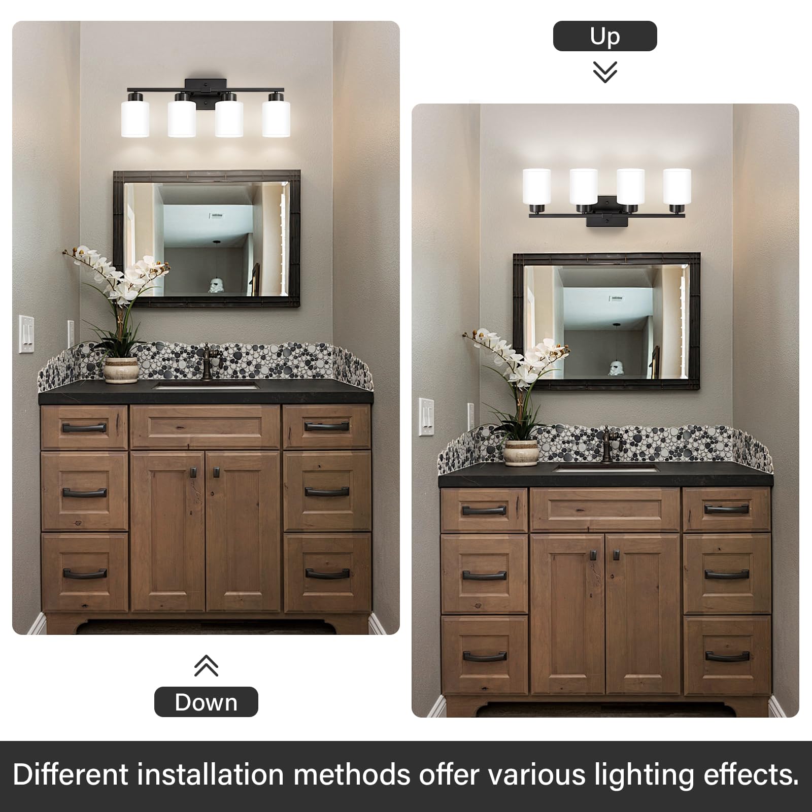 Fonmyim Black Bathroom Light Fixtures, 4-Light Modern Vanity Light Over Mirror, Wall Sconces With Milky White Frosted Glass Shad