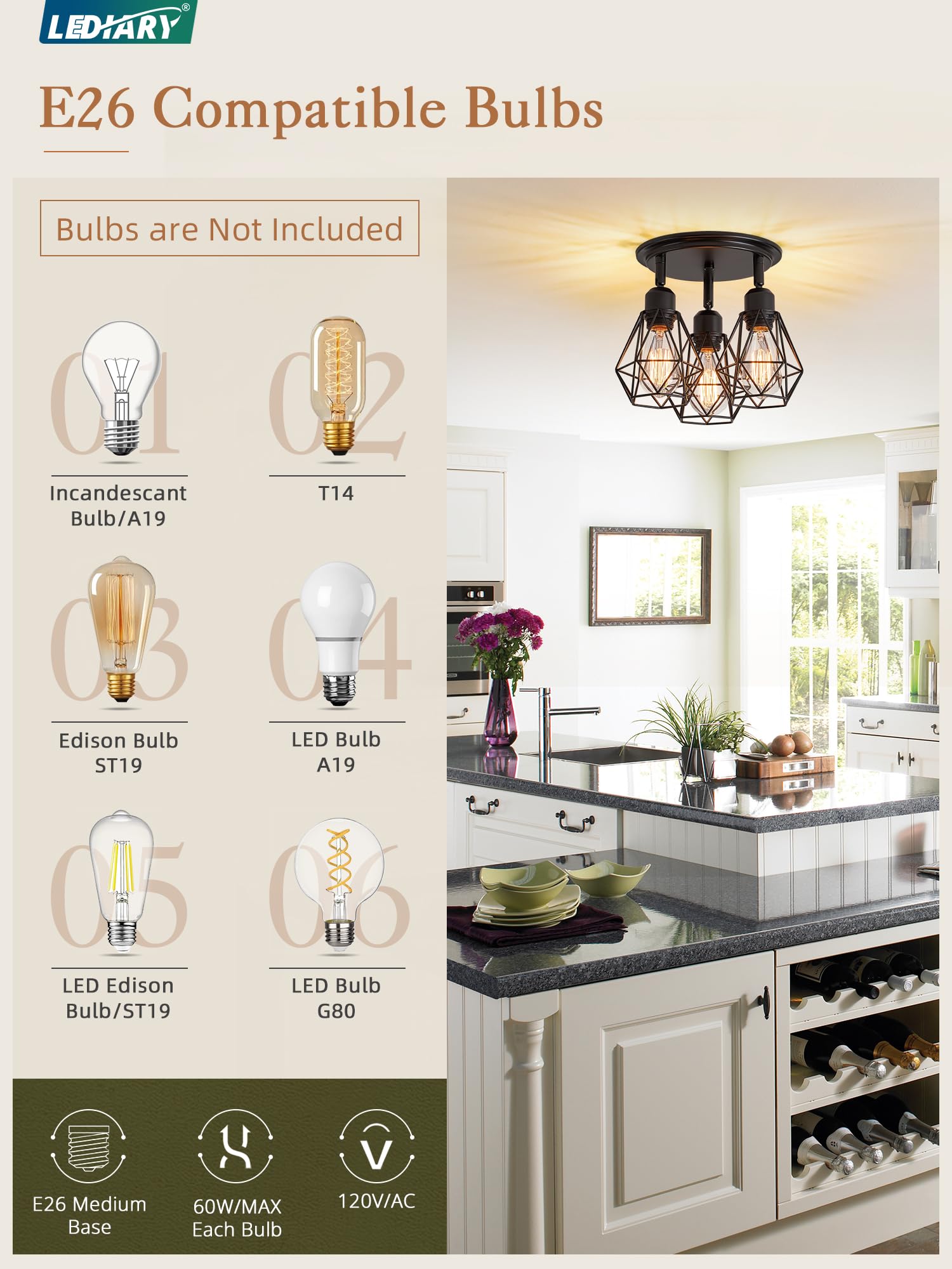 LEDIARY Semi Flush Mount Ceiling Light Fixture, 360 Adjustable Direction 3-Light Kitchen Light Fixtures, Black Farmhouse Cage Li