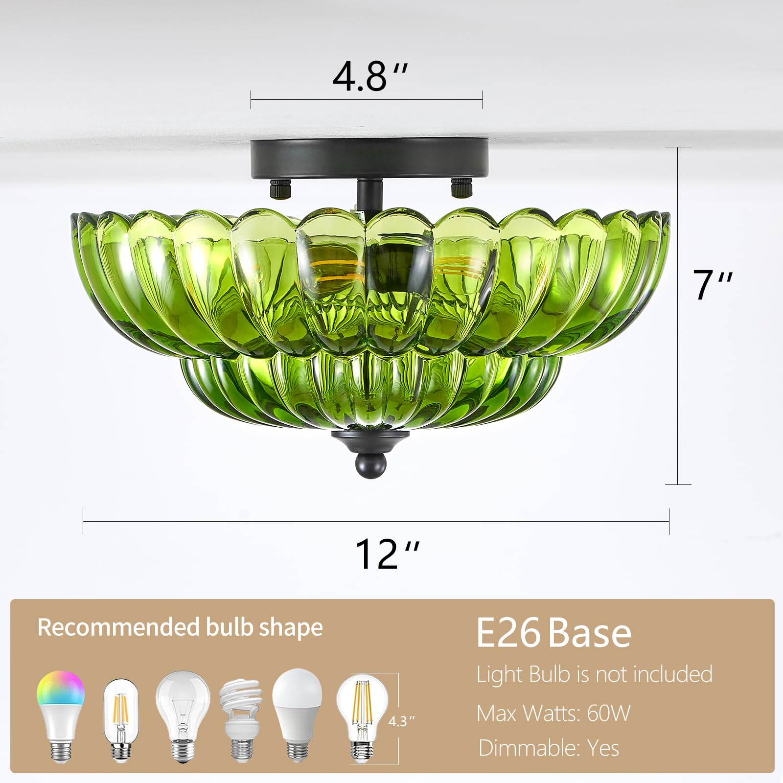 Modern Black Ceiling Light Fixture, 12'' Green Glass Flush Mount Chandeliers, Semi Flush Mount Ceiling Light Fixture Suitable Fo