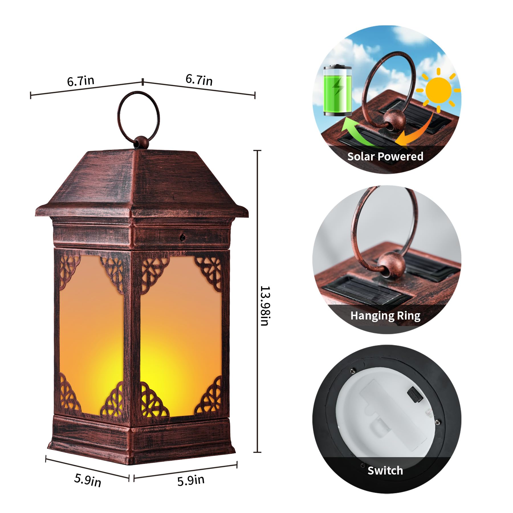 14 Solar Lanterns Outdoor Waterproof, Glass Flickering Flame Solar Lantern, Hanging Metal Lantern Decorative for Patio Front Por