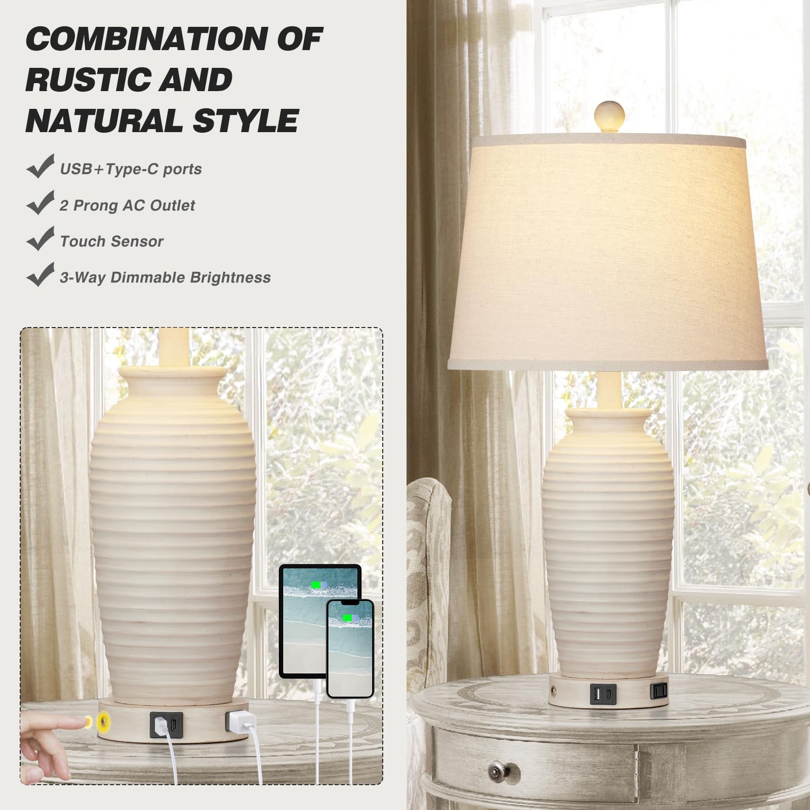 CINSARY 25in Farmhouse Table Lamps Set of 2, 3 Way Touch Control, USB A+C Ports, Gray Resin, LED Bulbs Included