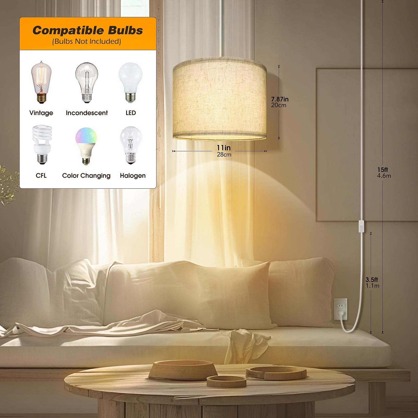 Wimisom Plug In Pendant Light,15 Ft Hanging Lamp With Plug In Cord, On/Off Switch, Beige Linen Shade, Hanging Light Fixture For