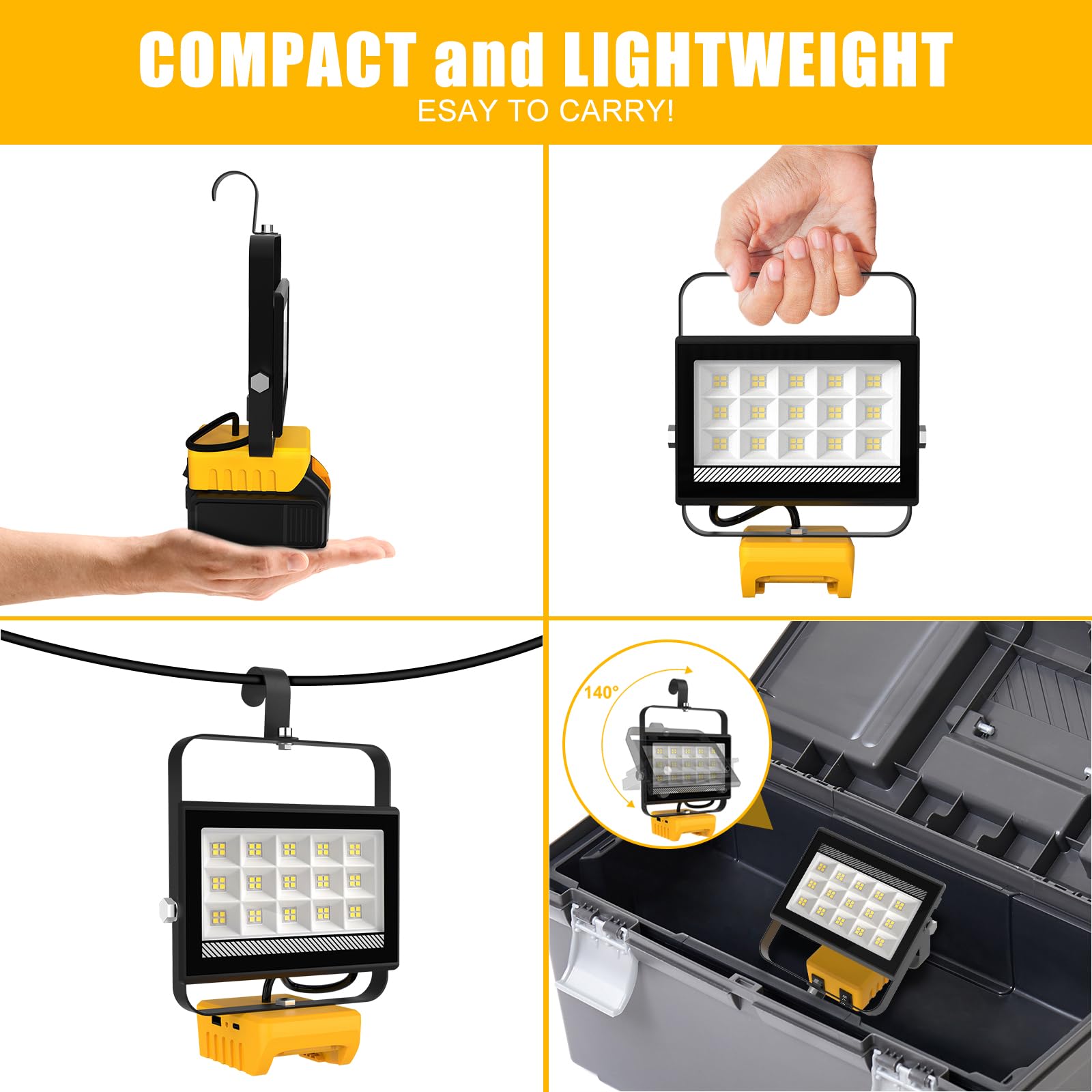 T-SUNiceM Cordless LED Work Light, 60W 6000LM, for Dewalt 20V Battery, USB & Type-C Charging, Black, Model TS-F0430-