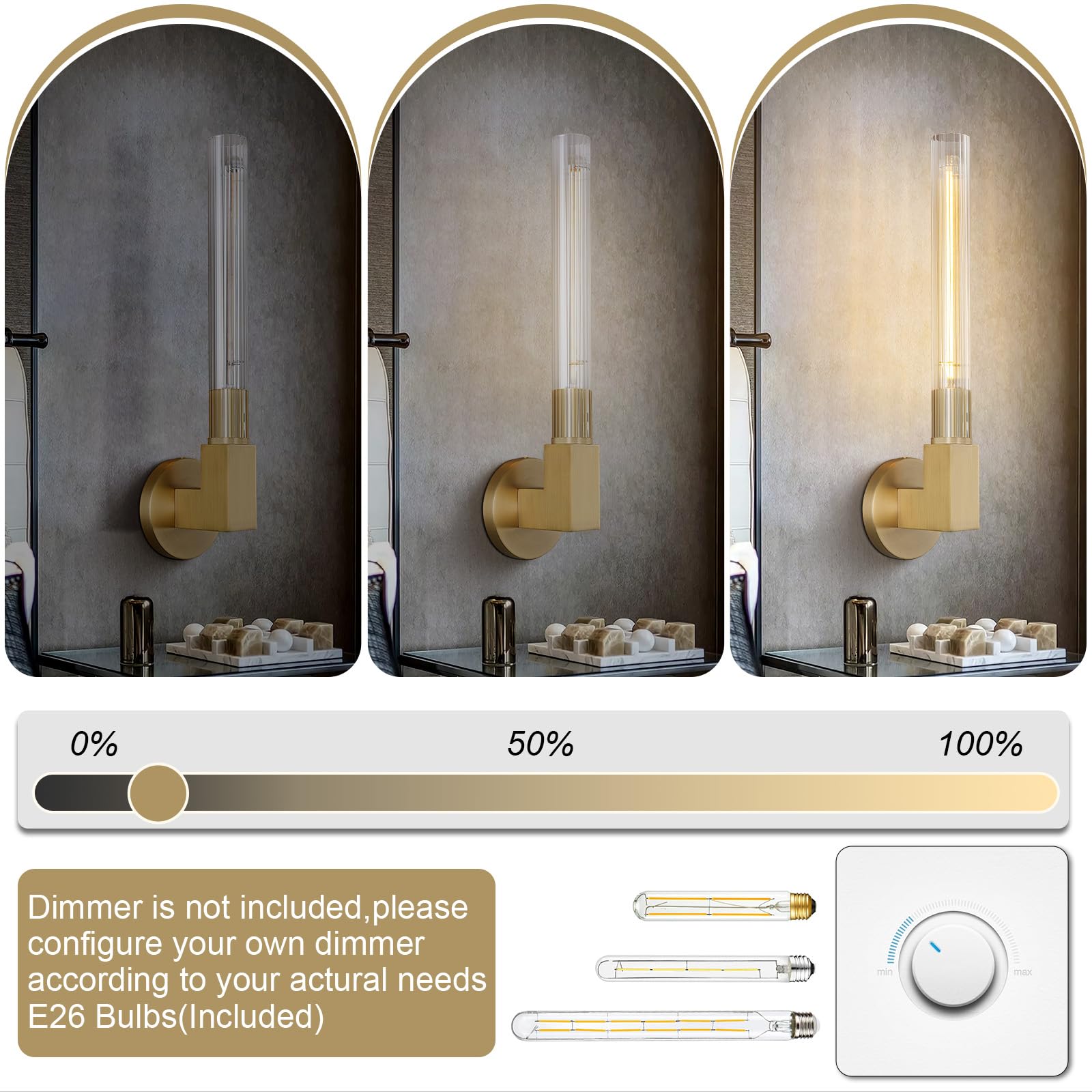 Yuexpand Gold Wall Sconces Set Of 2, Modern Bathroom Vanity Lights With Tube Glass Shades - Industrial Vintage Wall Lighting For