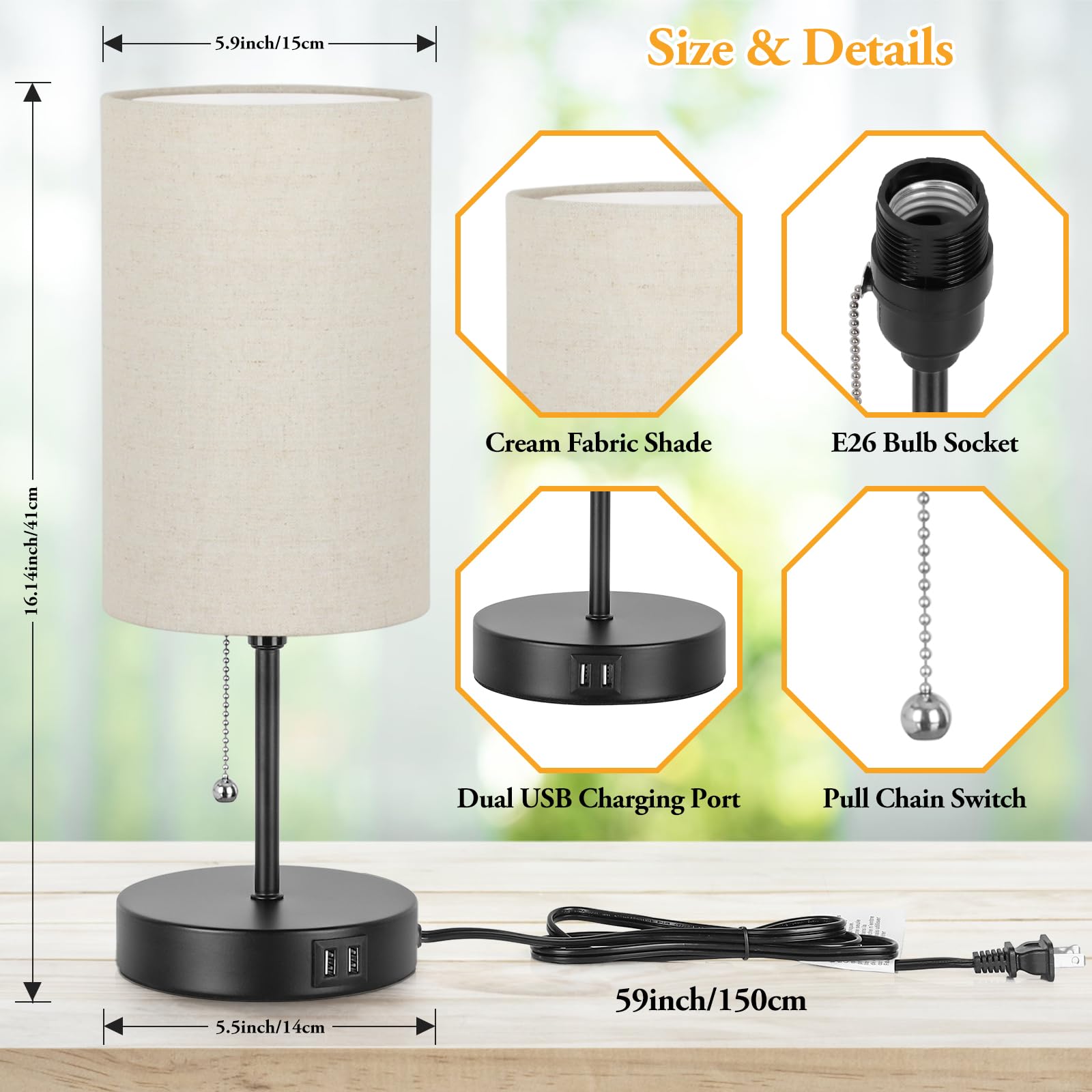 2 Sets Table Lamps With 2 Usb, Minimalist Beside Lamps For Bedroom, Nightstand Lamps With Pull Chain, Desk Lamps With Cream Fabr