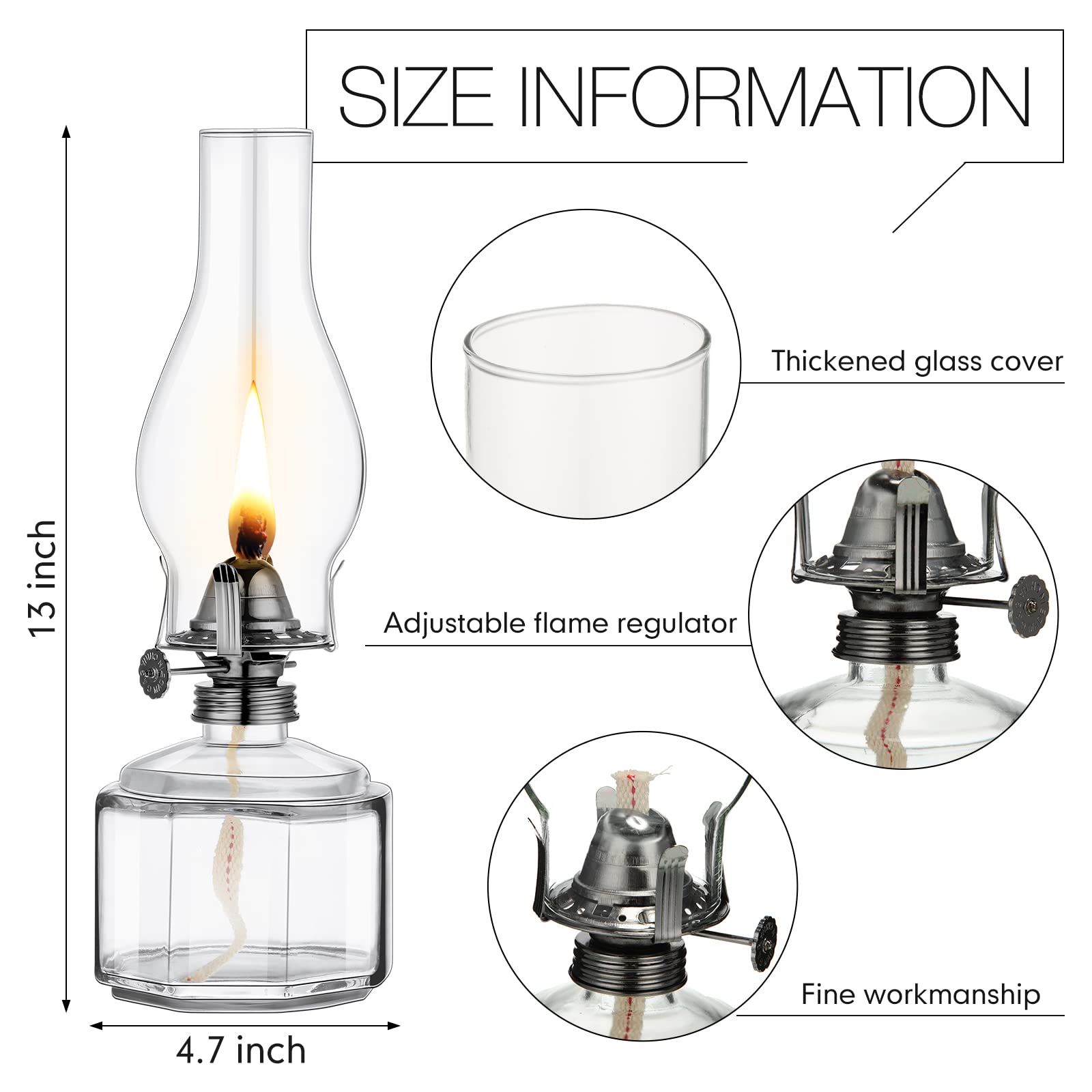 Tuanse 2 Pieces Chamber Oil Lamp Classic Kerosene Lamp Lantern Vintage Oil Lantern Decorative Hurricane Lamp With Adjustable Fire Wick For Home Indoor Use, 13 Inch Height(Clear, Black)