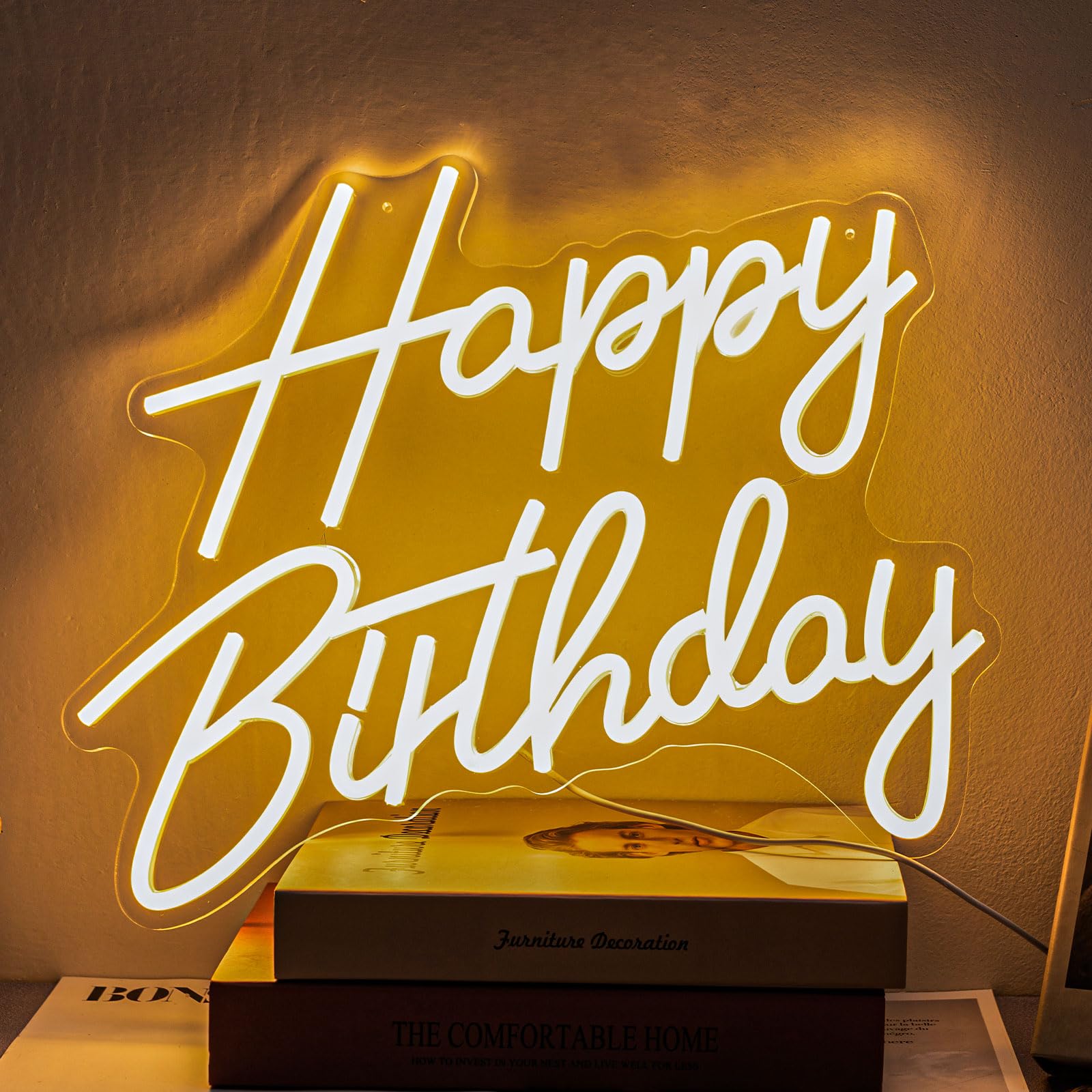 Gevbay LED Neon Happy Birthday Sign for Wall Decor, Warm White, 15.82 x 13.02 Inches, Model GC-2401020-2, USB Powered