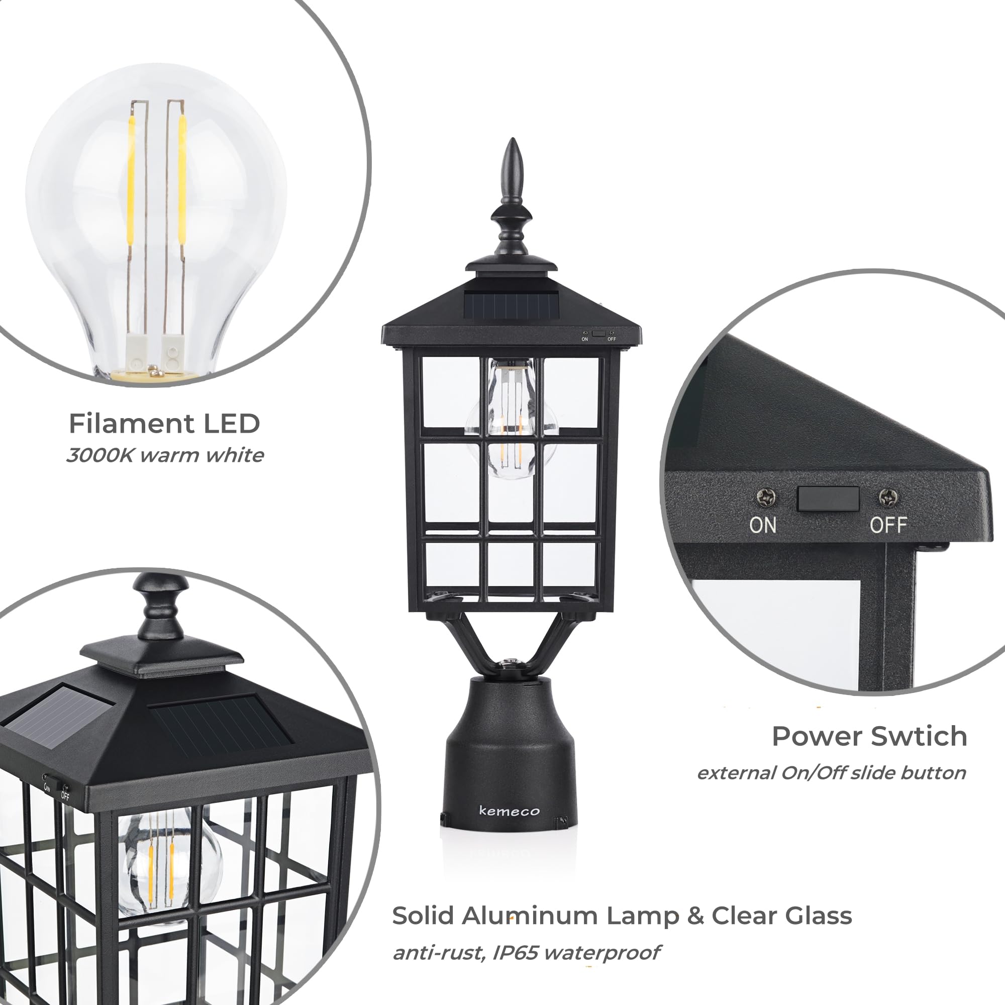 Kemeco Solar Post Light, Outdoor LED Fixture, 3in Pier Mount Base, Black, Model 4224, Metal Construction