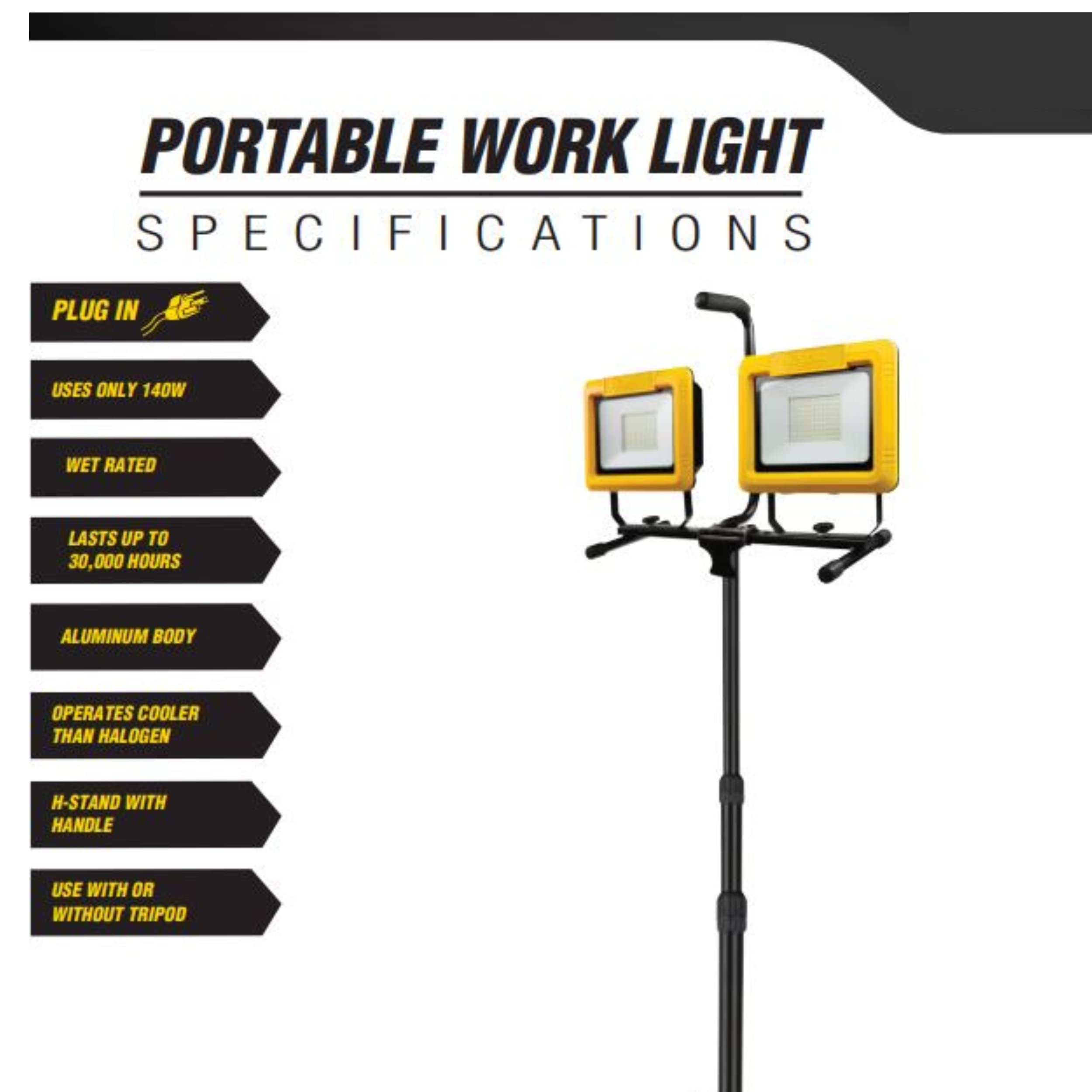 Feit Electric 140W Led Work Light, Dual Head, 14000 Lumens, Plug In, 30,000 Hour Life, Works With Or Without Stand, Ideal For Jobsites, Construction, Garages, Work14000Xltpplug