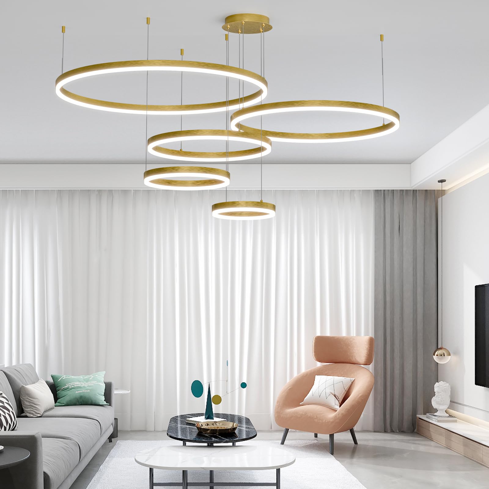 Matven Modern Ceiling Chandelier Light, Remote Control, Dimmable, 3 Color Modes, Acrylic, 11.8-39.3in, Gold, Model KD-YX