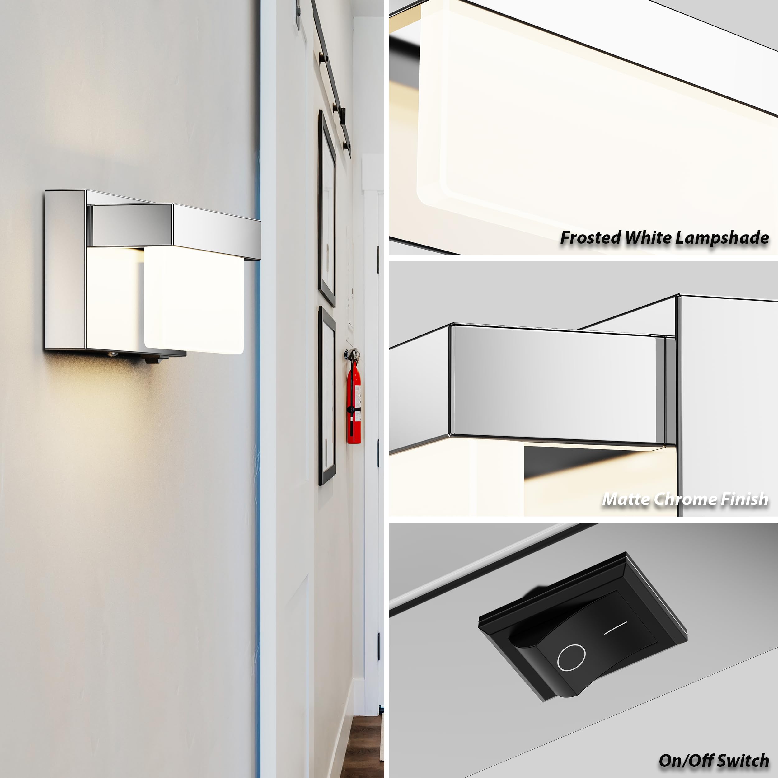 Lightinn Wall Sconce Chrome Wall Light With On/Off Switch 8 Inch Led Wall Lamp Acrylic Lampshade 4000K Sconce Wall Lighting