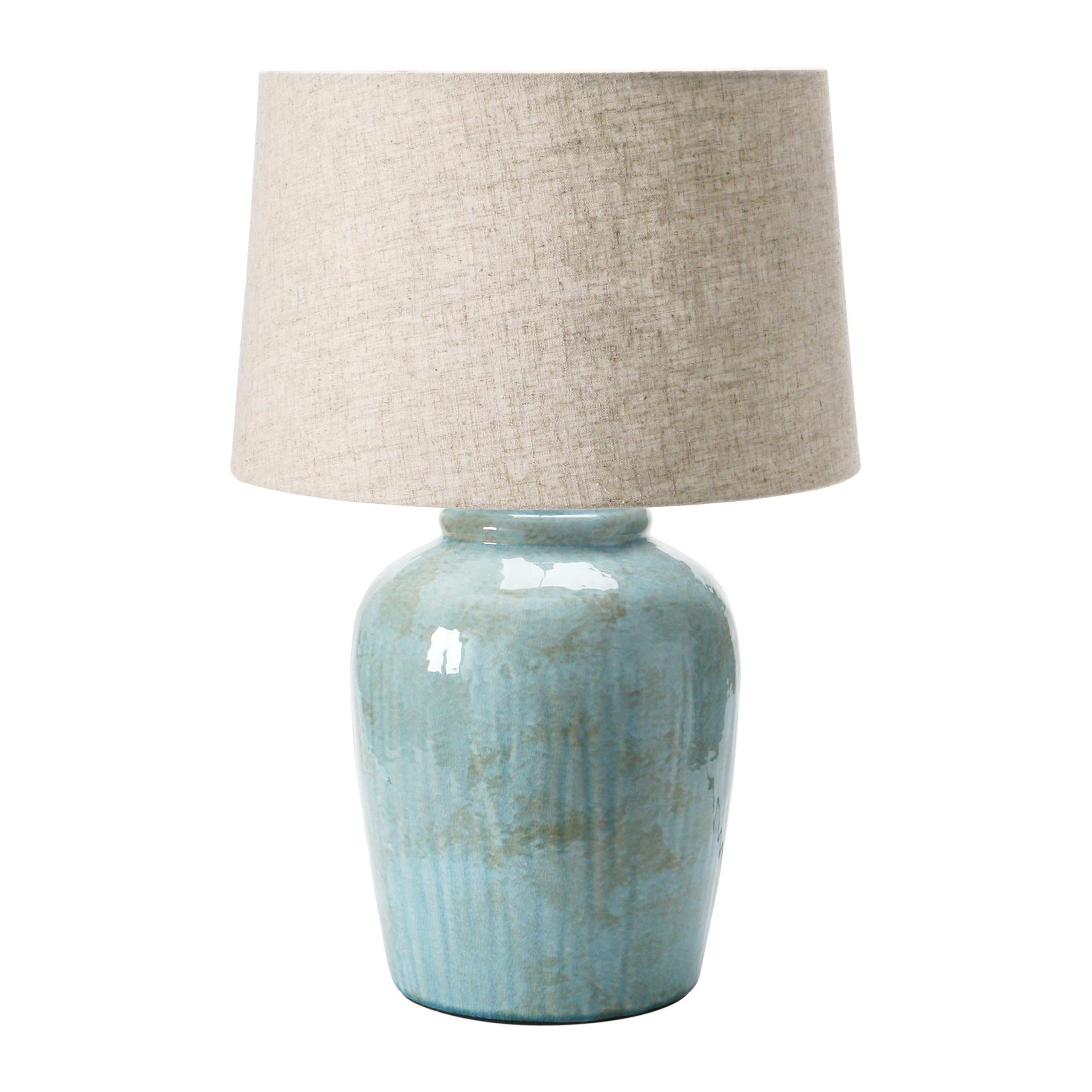 Creative Co-Op DF4157 Coastal Aqua Blue Ceramic Stoneware Table Lamp with Natural Ivory Linen Shade, Reactive Glaze Finish